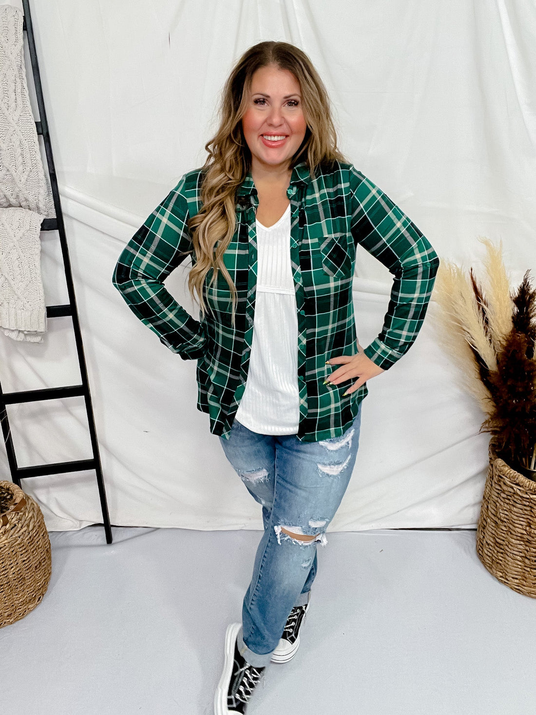 Green and Black Plaid Button Down with Rolled Sleeves - Whiskey Skies - DNA COUTURE