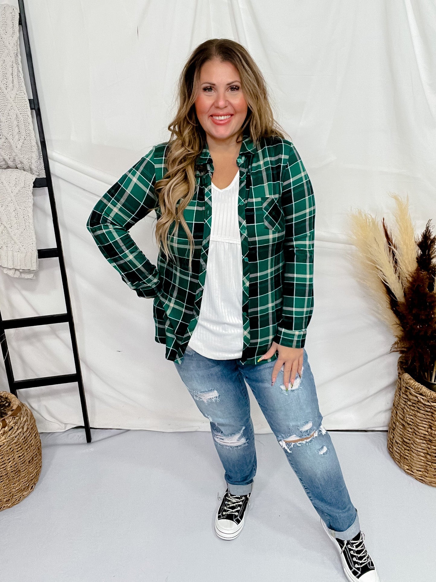 Green and Black Plaid Button Down with Rolled Sleeves - Whiskey Skies - DNA COUTURE