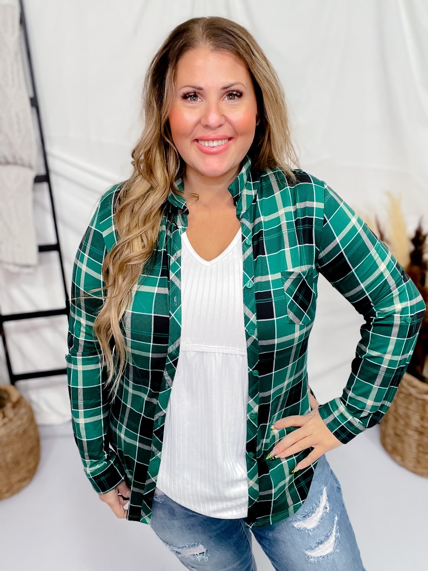 Green and Black Plaid Button Down with Rolled Sleeves - Whiskey Skies - DNA COUTURE