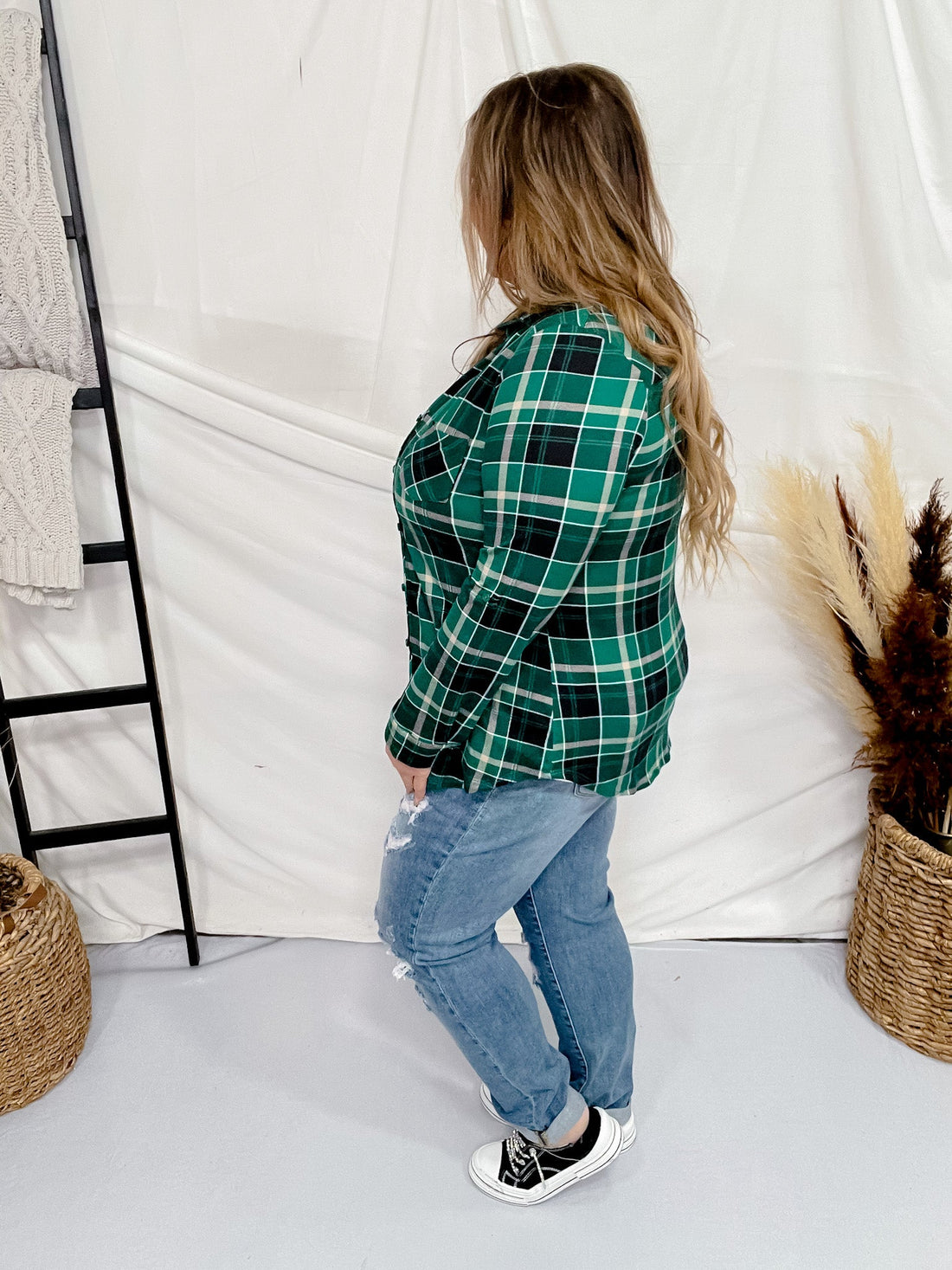 Green and Black Plaid Button Down with Rolled Sleeves - Whiskey Skies - DNA COUTURE