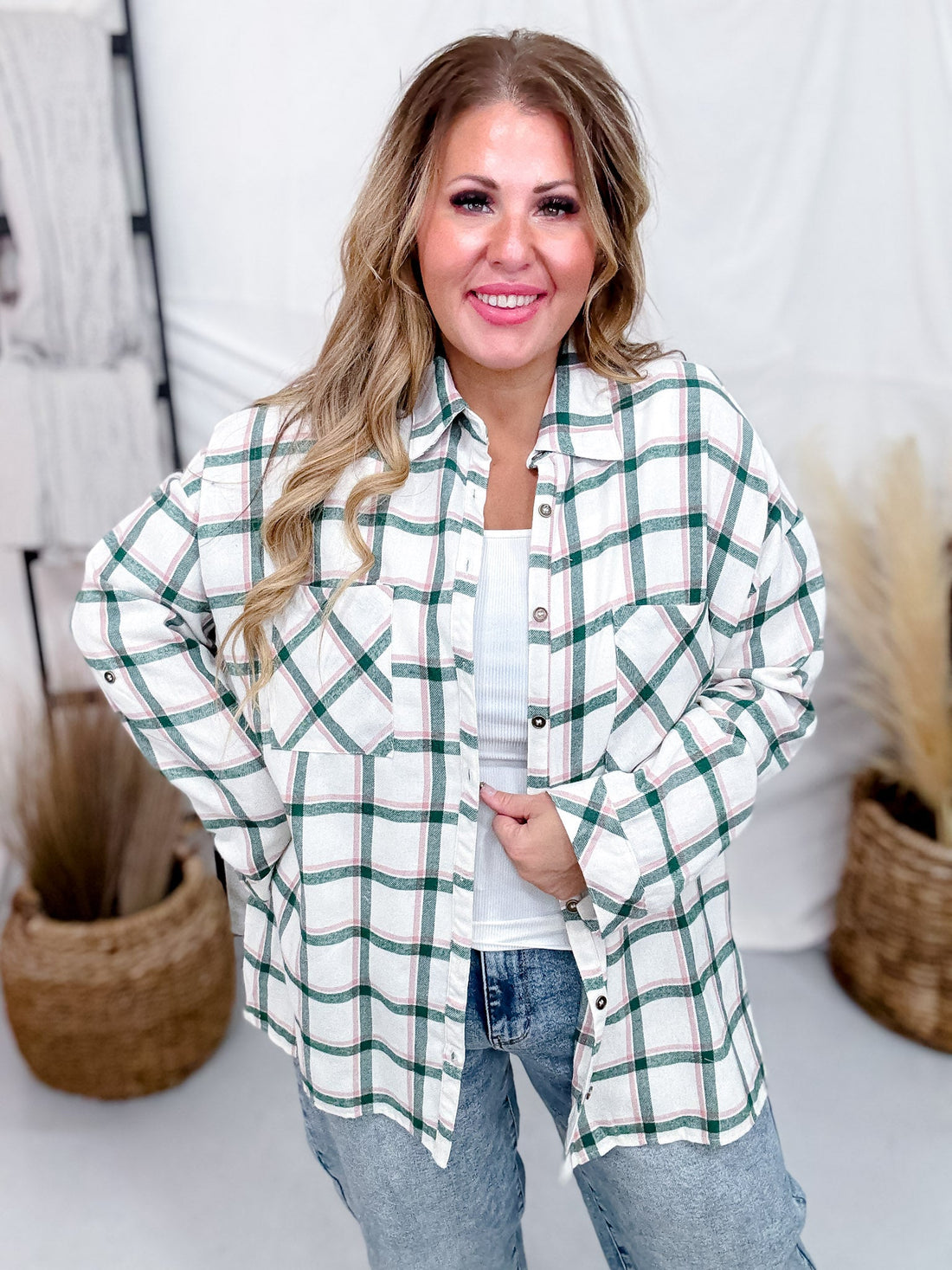 Green and Pink Plaid Button Down Flannel - Whiskey Skies - ANDREE BY UNIT