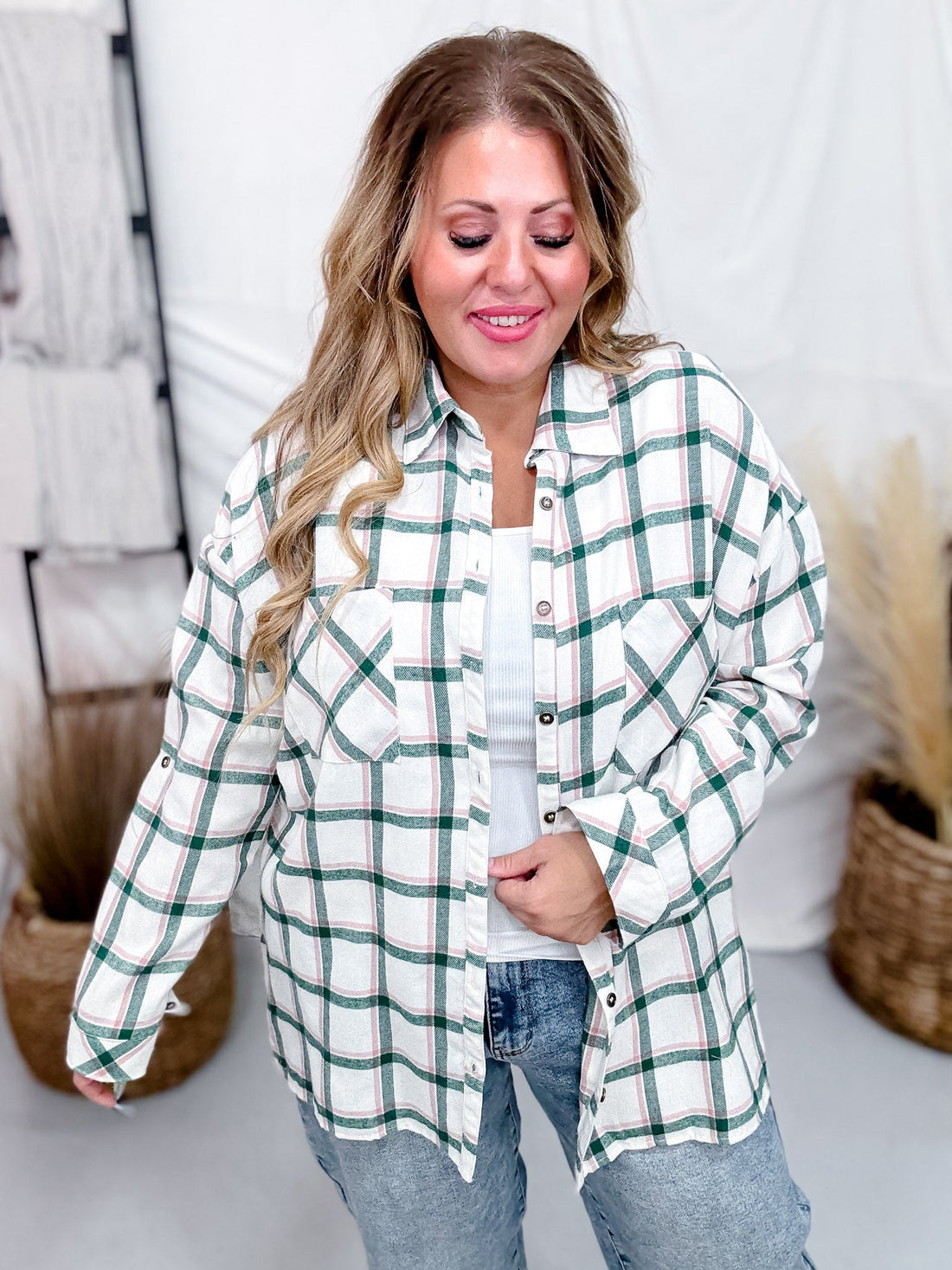 Green and Pink Plaid Button Down Flannel - Whiskey Skies - ANDREE BY UNIT