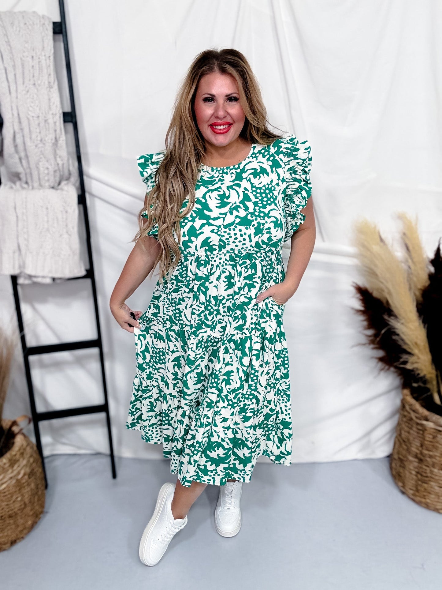 Green & Beige Abstract Leaf Print Dress - Whiskey Skies - SOUTHERN GRACE