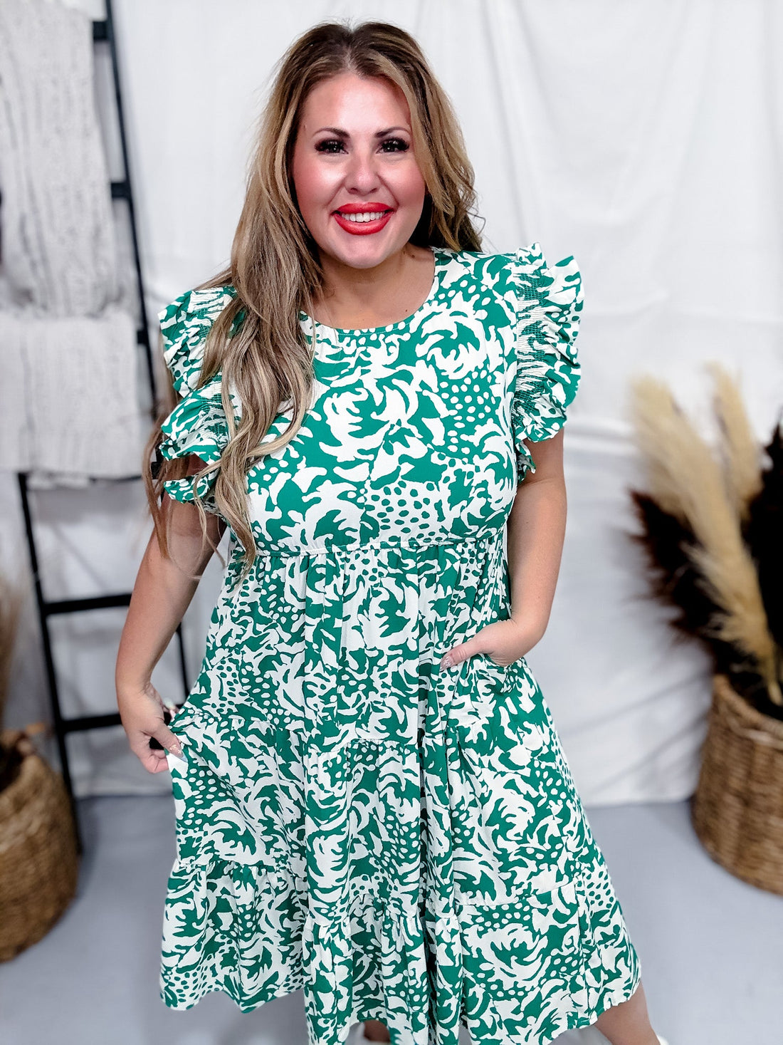 Green & Beige Abstract Leaf Print Dress - Whiskey Skies - SOUTHERN GRACE