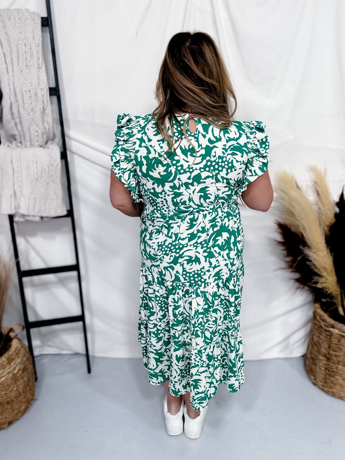 Green & Beige Abstract Leaf Print Dress - Whiskey Skies - SOUTHERN GRACE