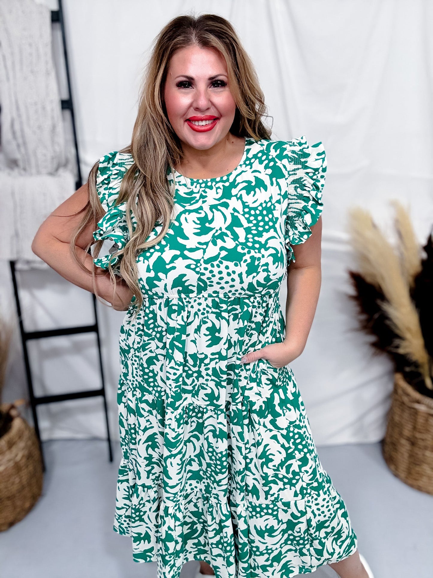 Green & Beige Abstract Leaf Print Dress - Whiskey Skies - SOUTHERN GRACE