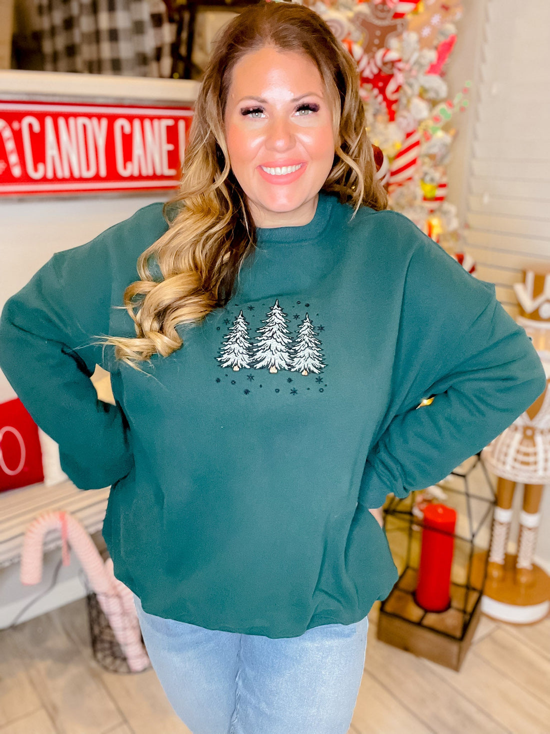 Green Christmas Tree Embroidered Sweatshirt - Whiskey Skies - SUNKISSED COCONUT