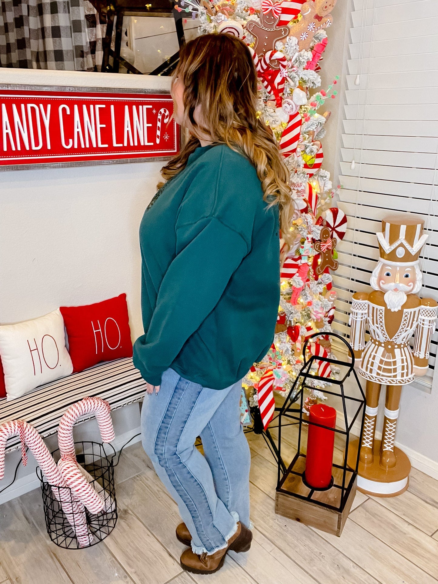 Green Christmas Tree Embroidered Sweatshirt - Whiskey Skies - SUNKISSED COCONUT