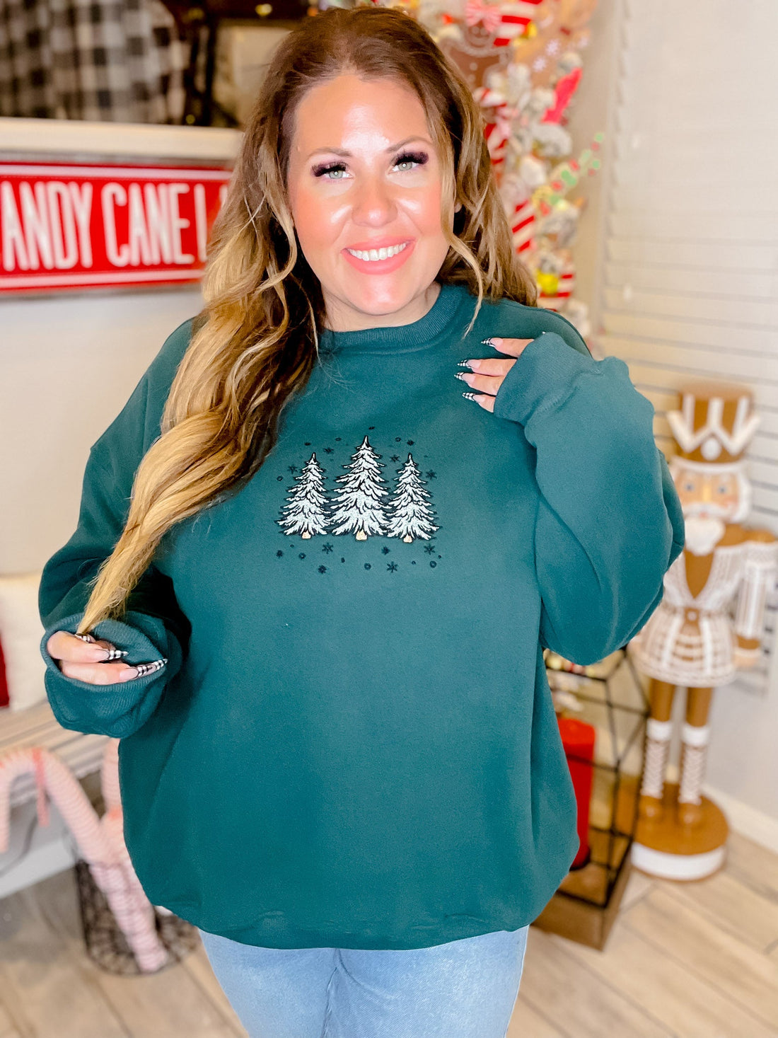 Green Christmas Tree Embroidered Sweatshirt - Whiskey Skies - SUNKISSED COCONUT