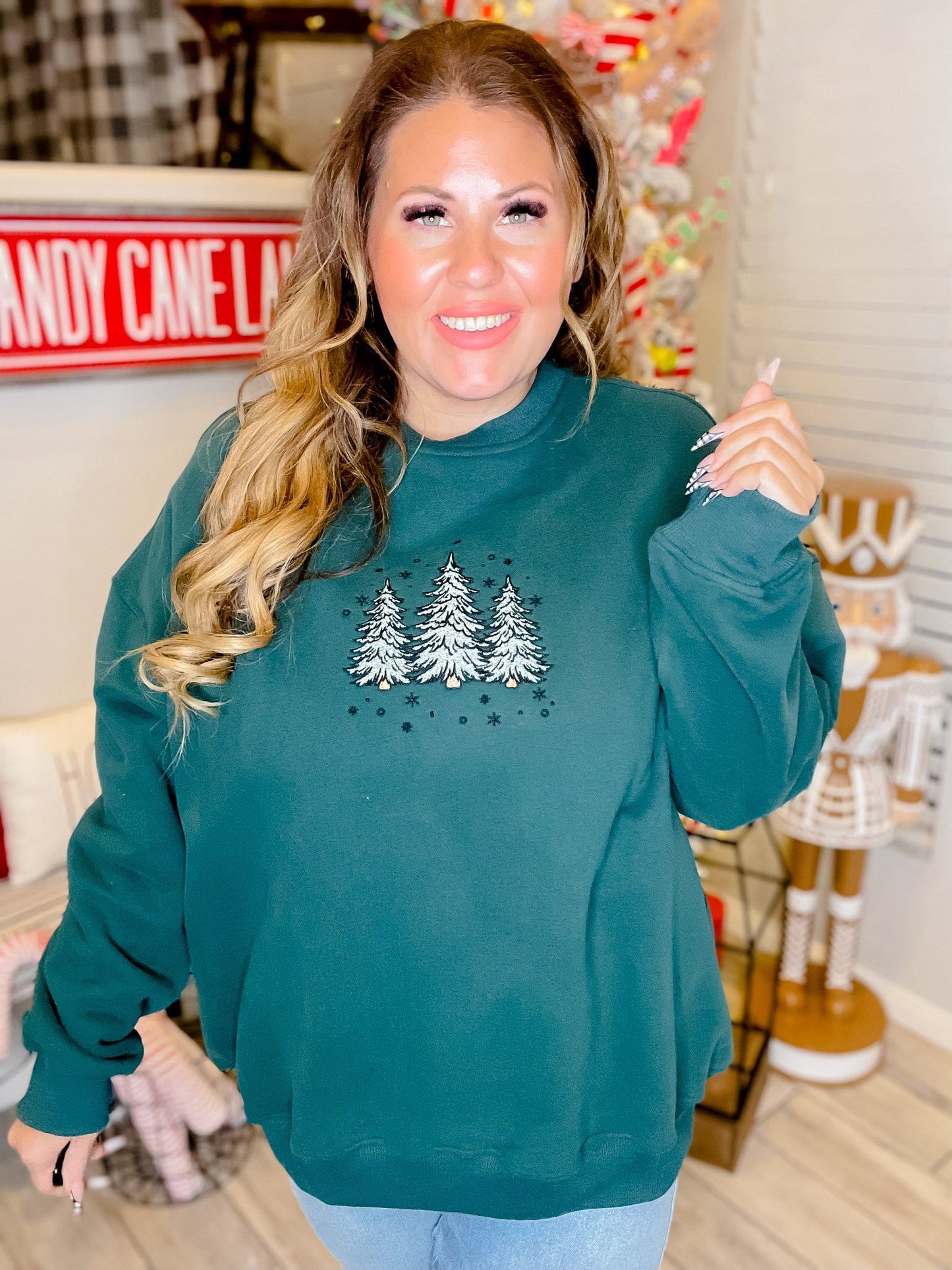 Green Christmas Tree Embroidered Sweatshirt - Whiskey Skies - SUNKISSED COCONUT