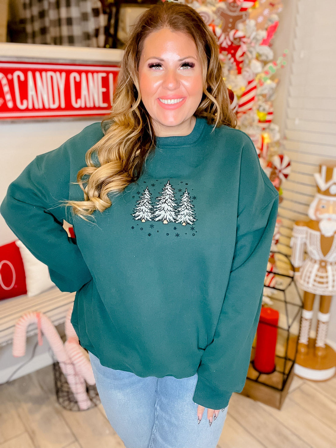 Green Christmas Tree Embroidered Sweatshirt - Whiskey Skies - SUNKISSED COCONUT