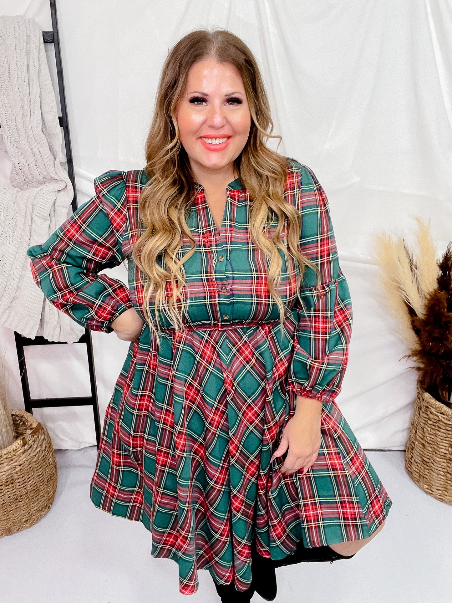 Green Plaid Long Sleeve Dress - Whiskey Skies - SHE + SKY