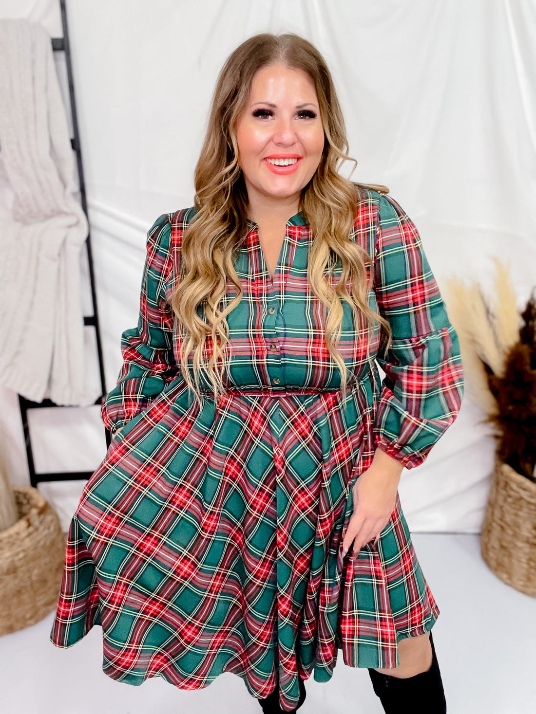 Green Plaid Long Sleeve Dress - Whiskey Skies - SHE + SKY