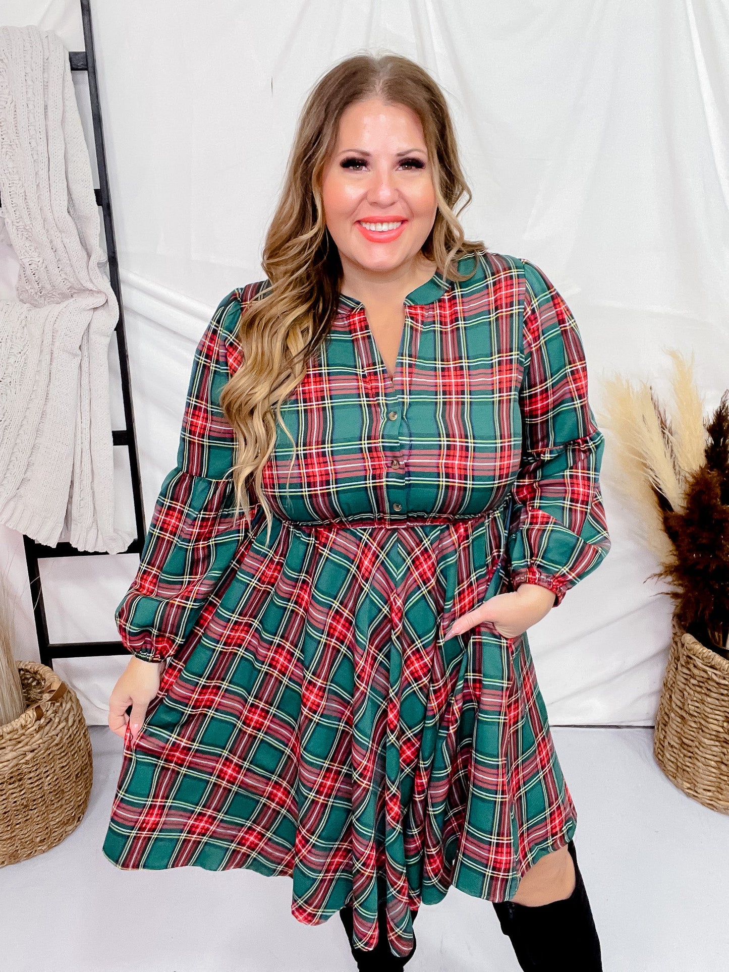 Green Plaid Long Sleeve Dress - Whiskey Skies - SHE + SKY