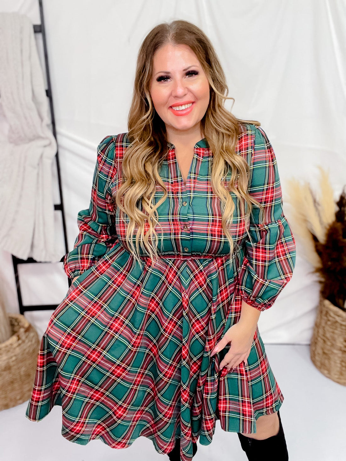 Green Plaid Long Sleeve Dress - Whiskey Skies - SHE + SKY