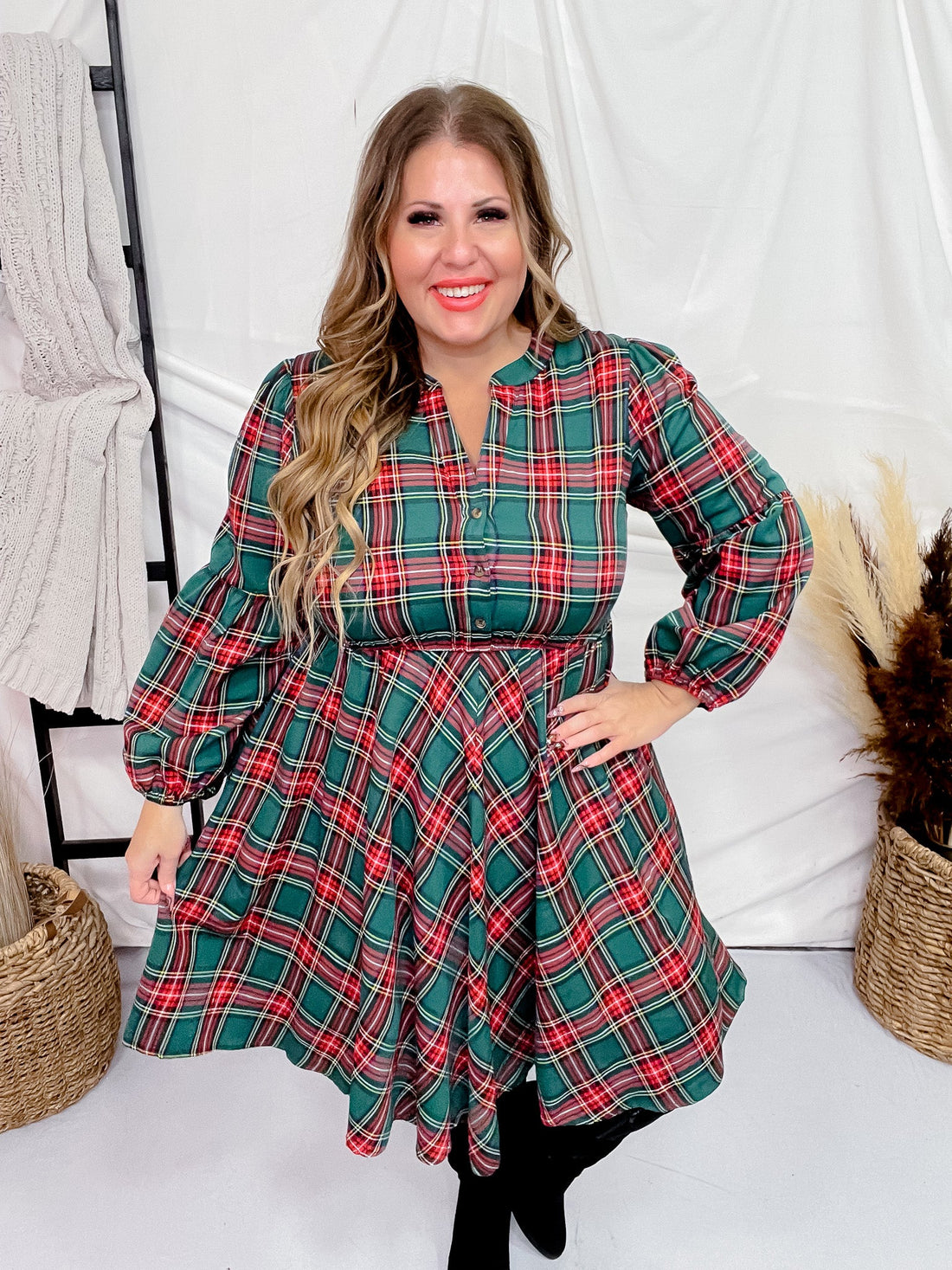 Green Plaid Long Sleeve Dress - Whiskey Skies - SHE + SKY