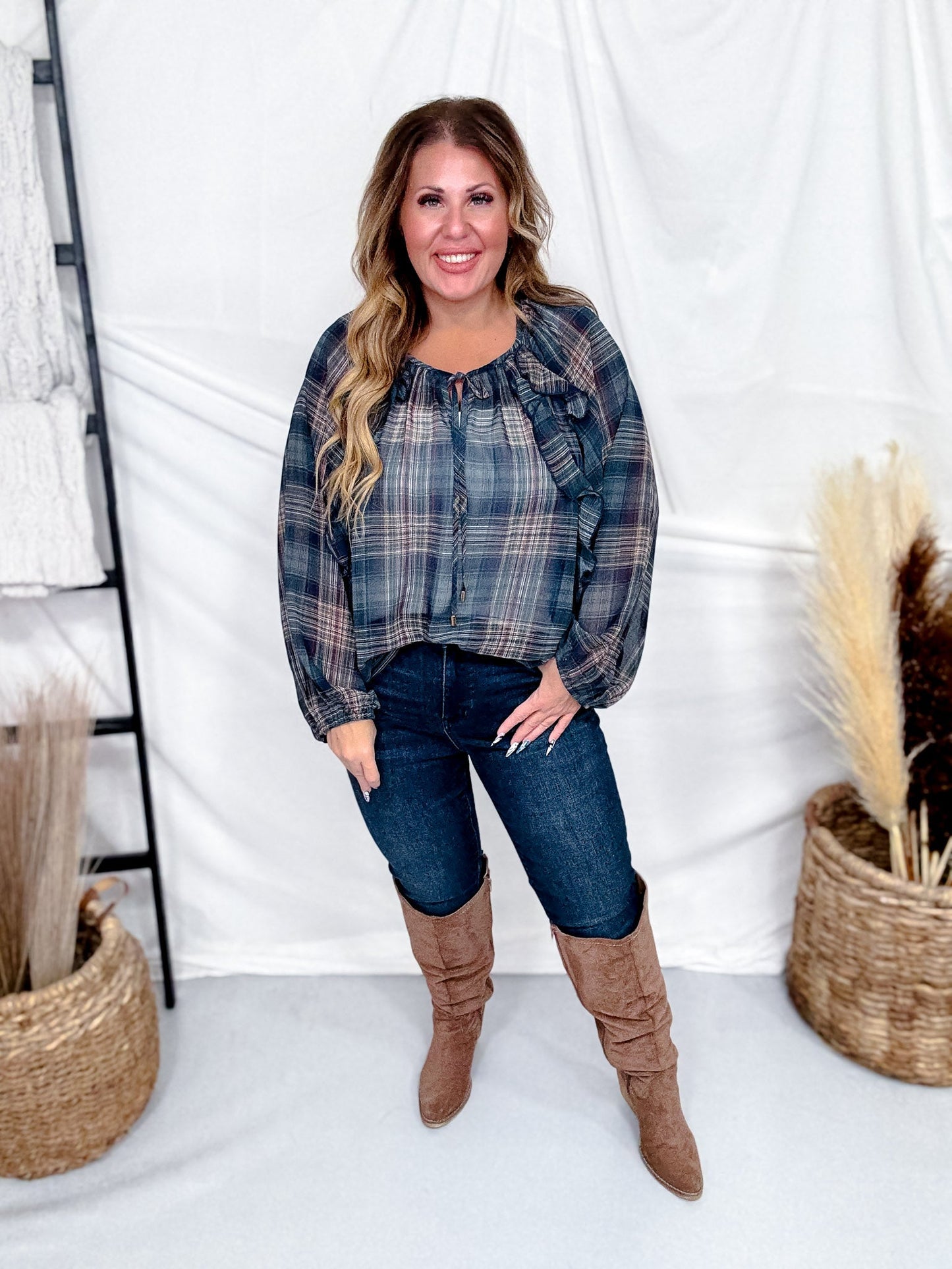 Green Plaid Peasant Blouse With Ruffle Trim - Whiskey Skies - ODDI