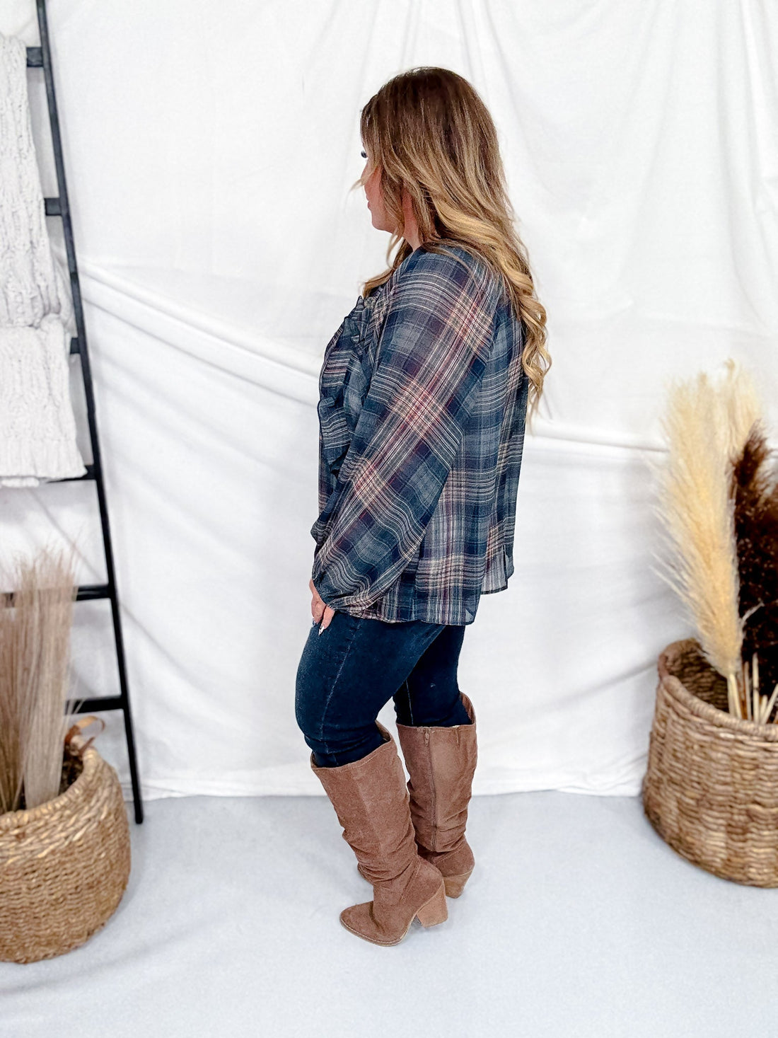 Green Plaid Peasant Blouse With Ruffle Trim - Whiskey Skies - ODDI