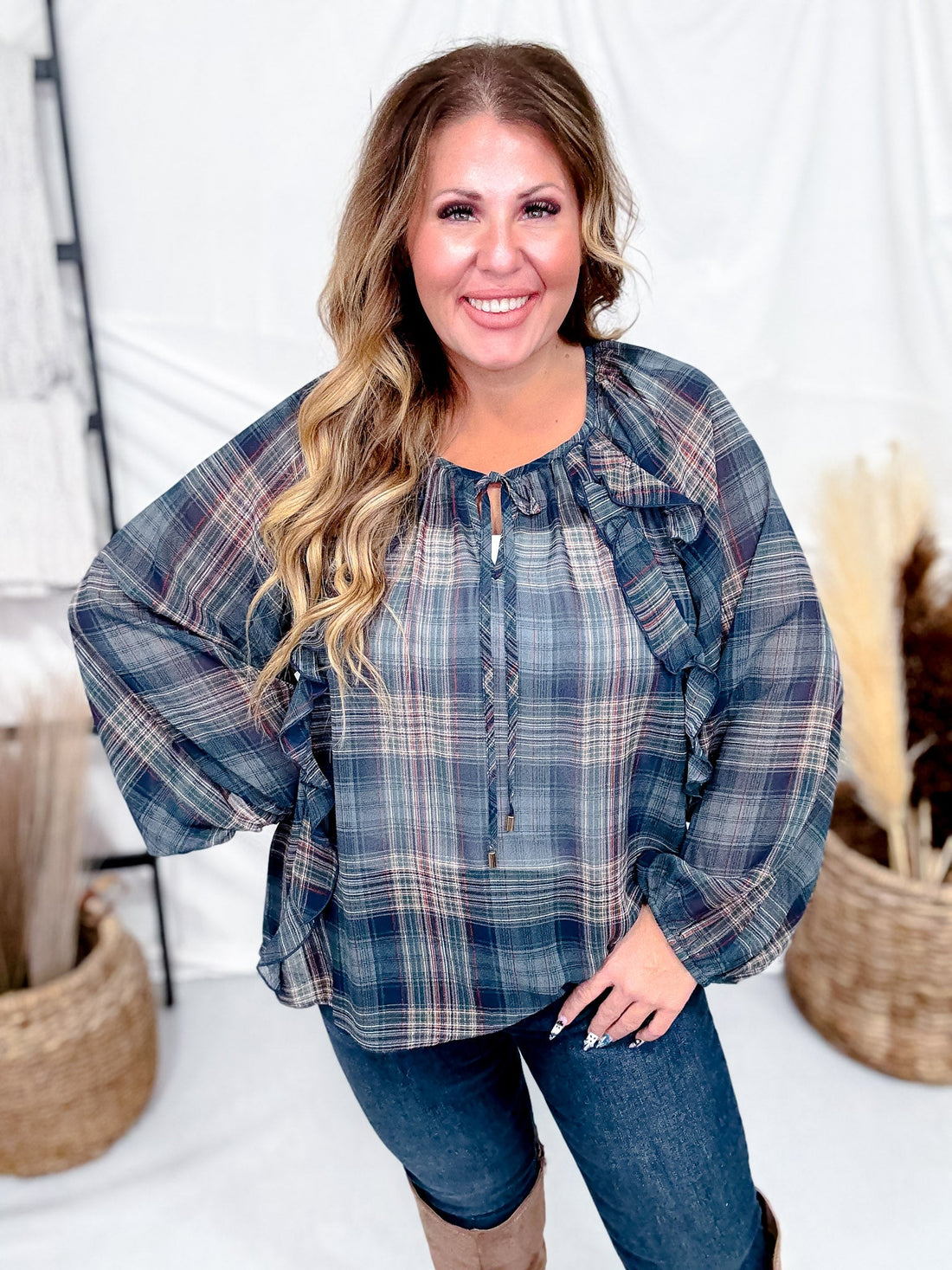 Green Plaid Peasant Blouse With Ruffle Trim - Whiskey Skies - ODDI