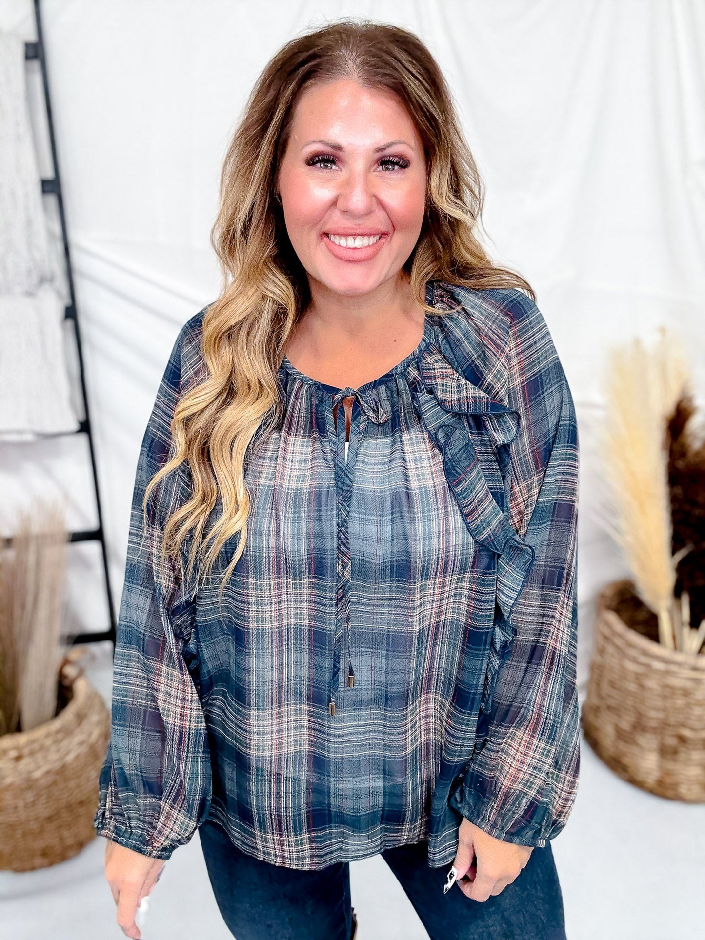 Green Plaid Peasant Blouse With Ruffle Trim - Whiskey Skies - ODDI