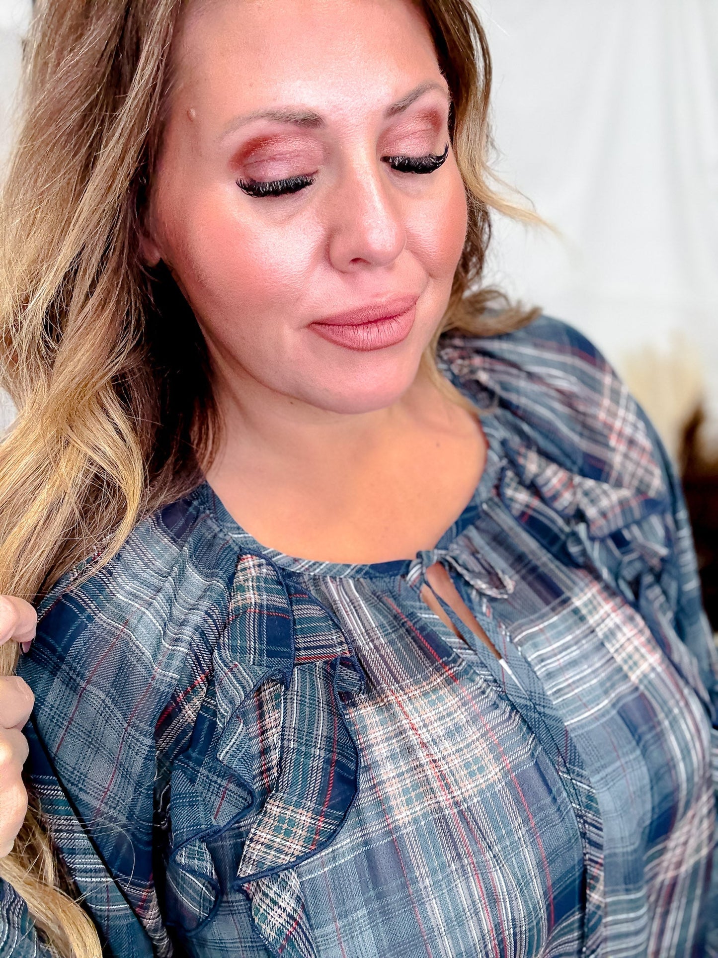 Green Plaid Peasant Blouse With Ruffle Trim - Whiskey Skies - ODDI