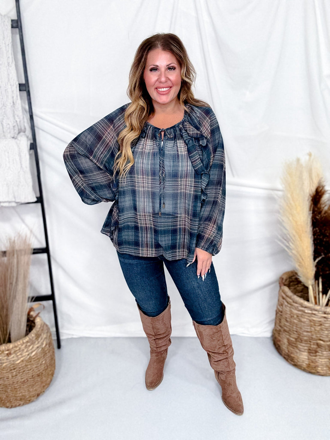 Green Plaid Peasant Blouse With Ruffle Trim - Whiskey Skies - ODDI