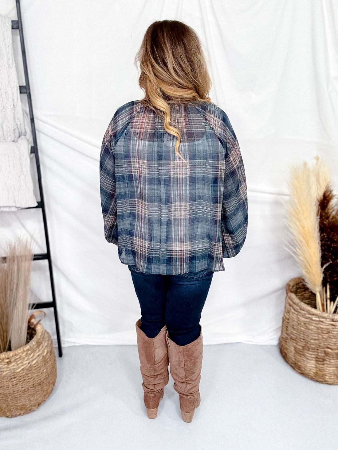 Green Plaid Peasant Blouse With Ruffle Trim - Whiskey Skies - ODDI