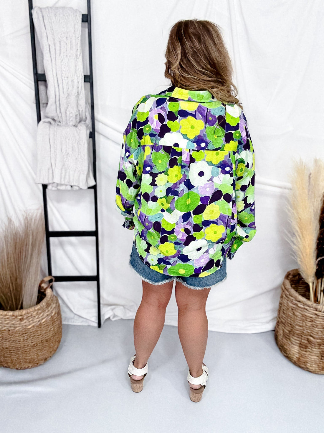 Green & Purple Floral Print Button Down Top - Whiskey Skies - DAVI & DANI