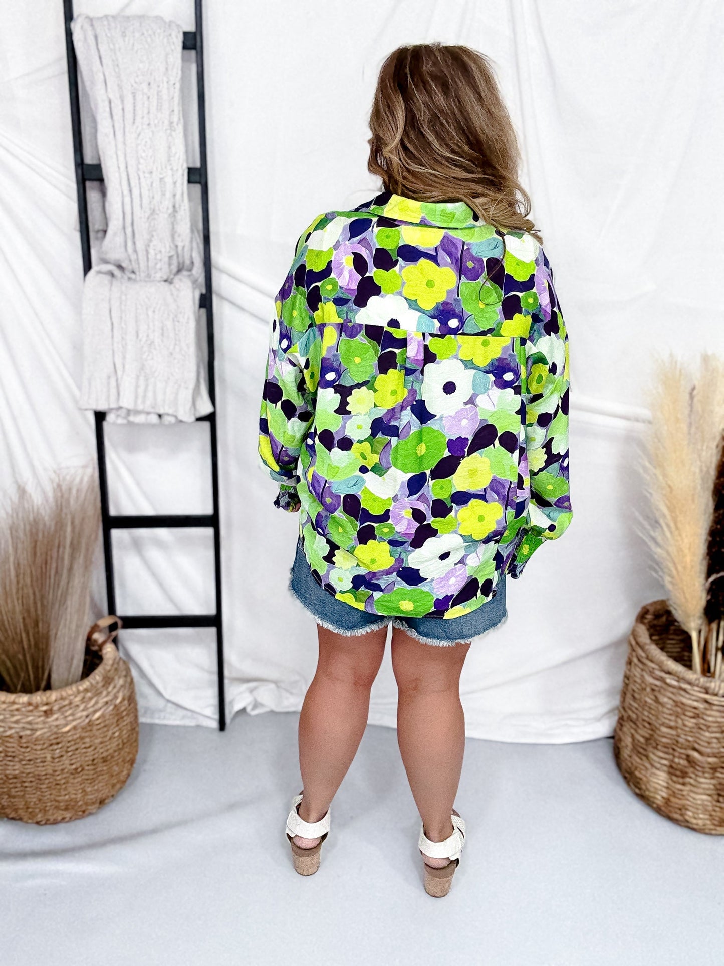 Green & Purple Floral Print Button Down Top - Whiskey Skies - DAVI & DANI