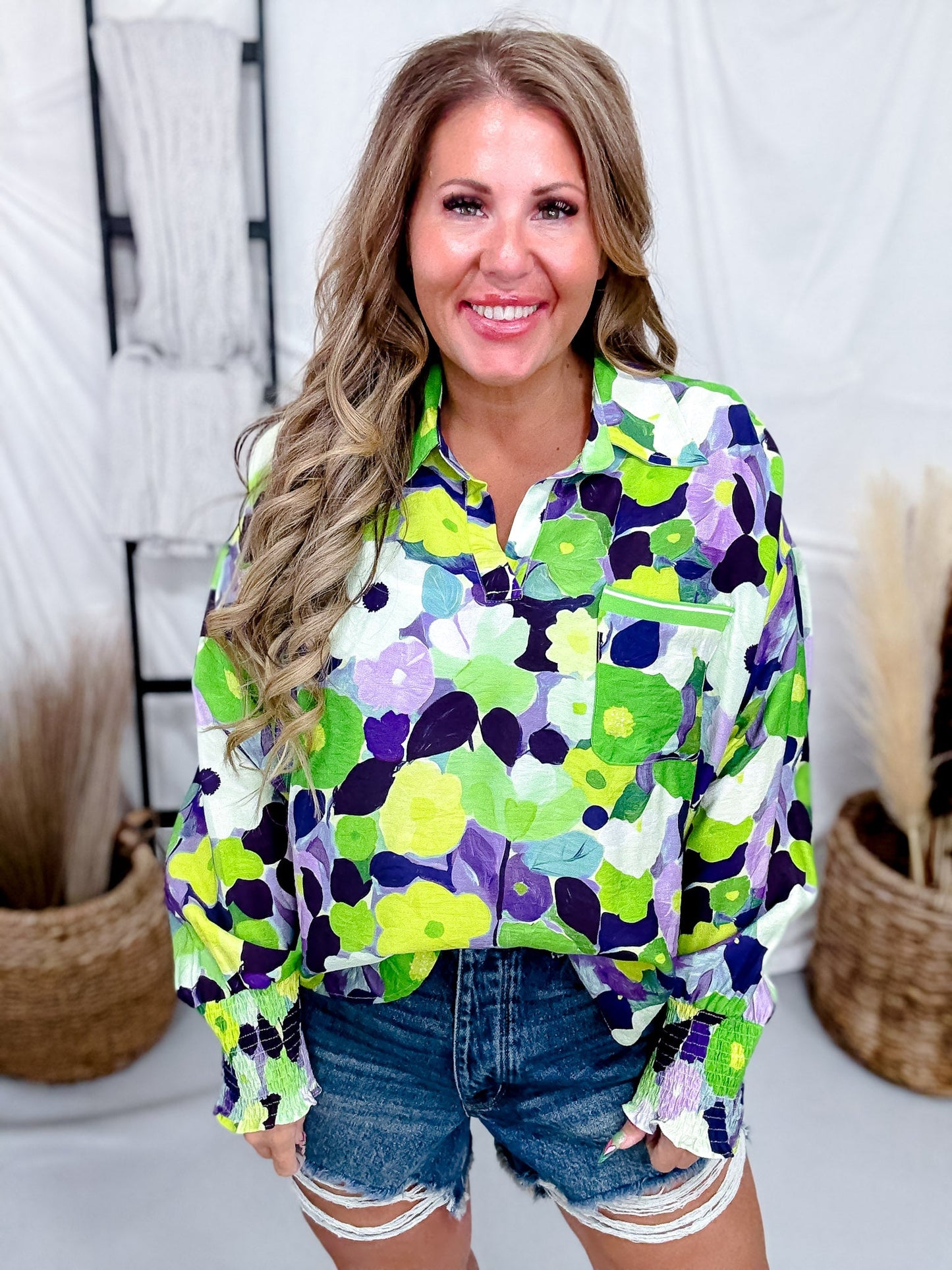 Green & Purple Floral Print Button Down Top - Whiskey Skies - DAVI & DANI