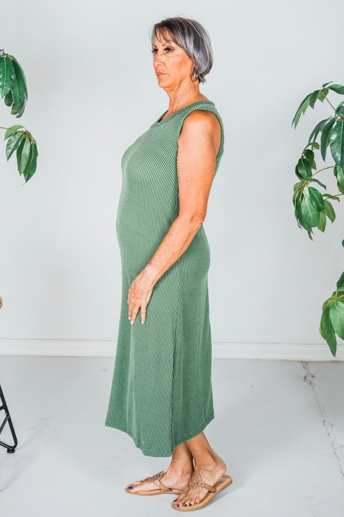 Green Sleeveless Essential V - Neck Ribbed Maxi Dress - Whiskey Skies - BLUMIN