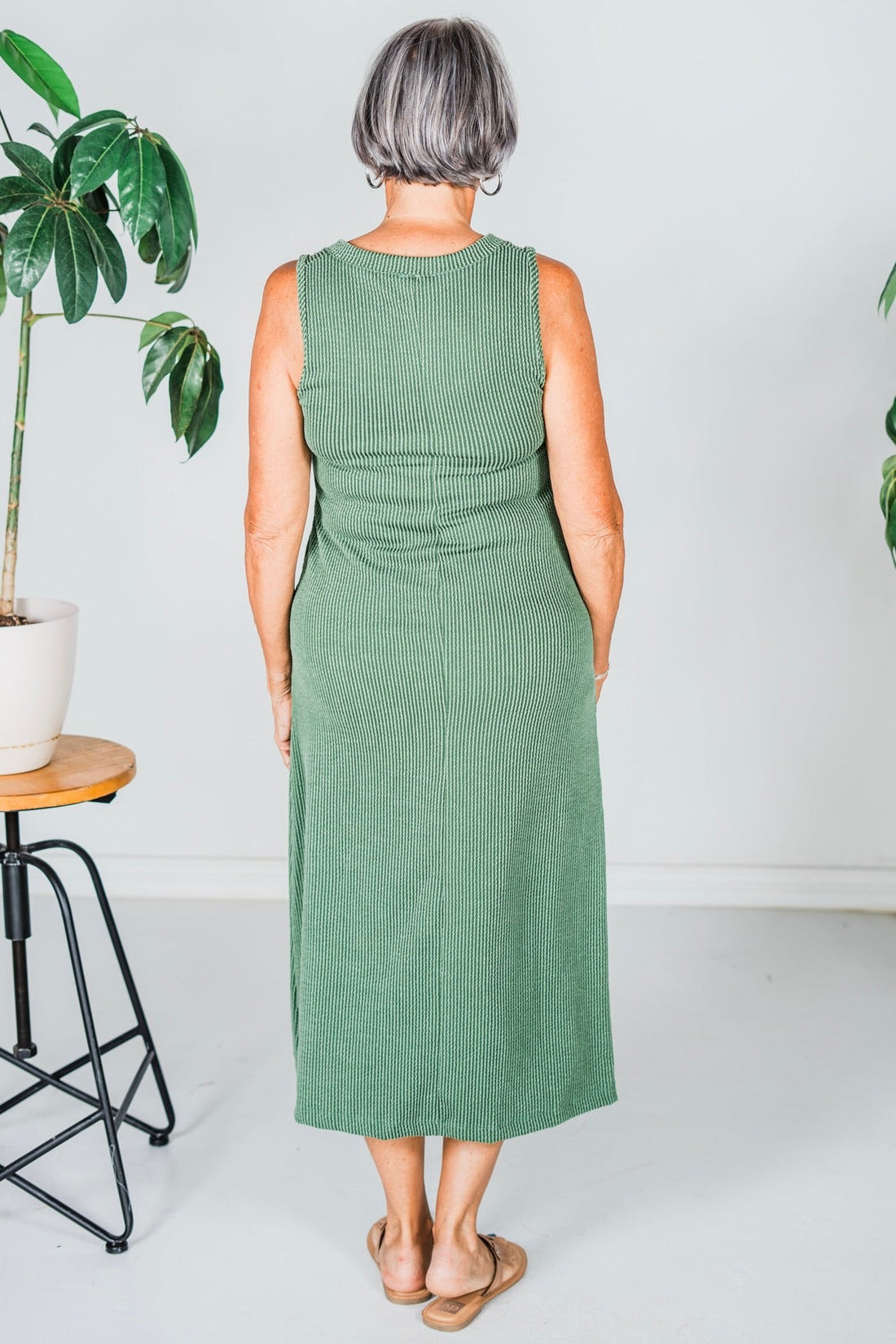 Green Sleeveless Essential V - Neck Ribbed Maxi Dress - Whiskey Skies - BLUMIN