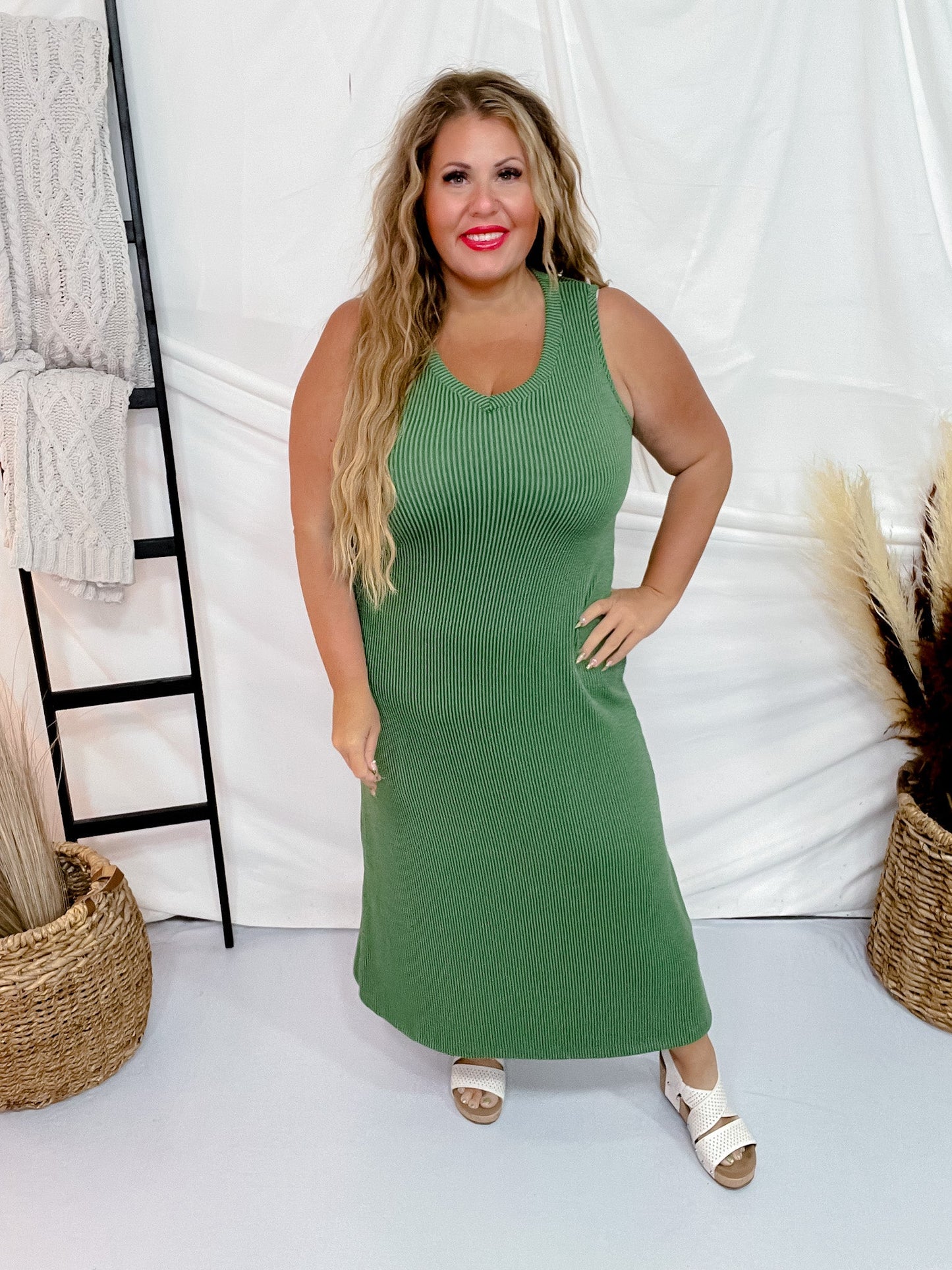 Green Sleeveless Essential V - Neck Ribbed Maxi Dress - Whiskey Skies - BLUMIN