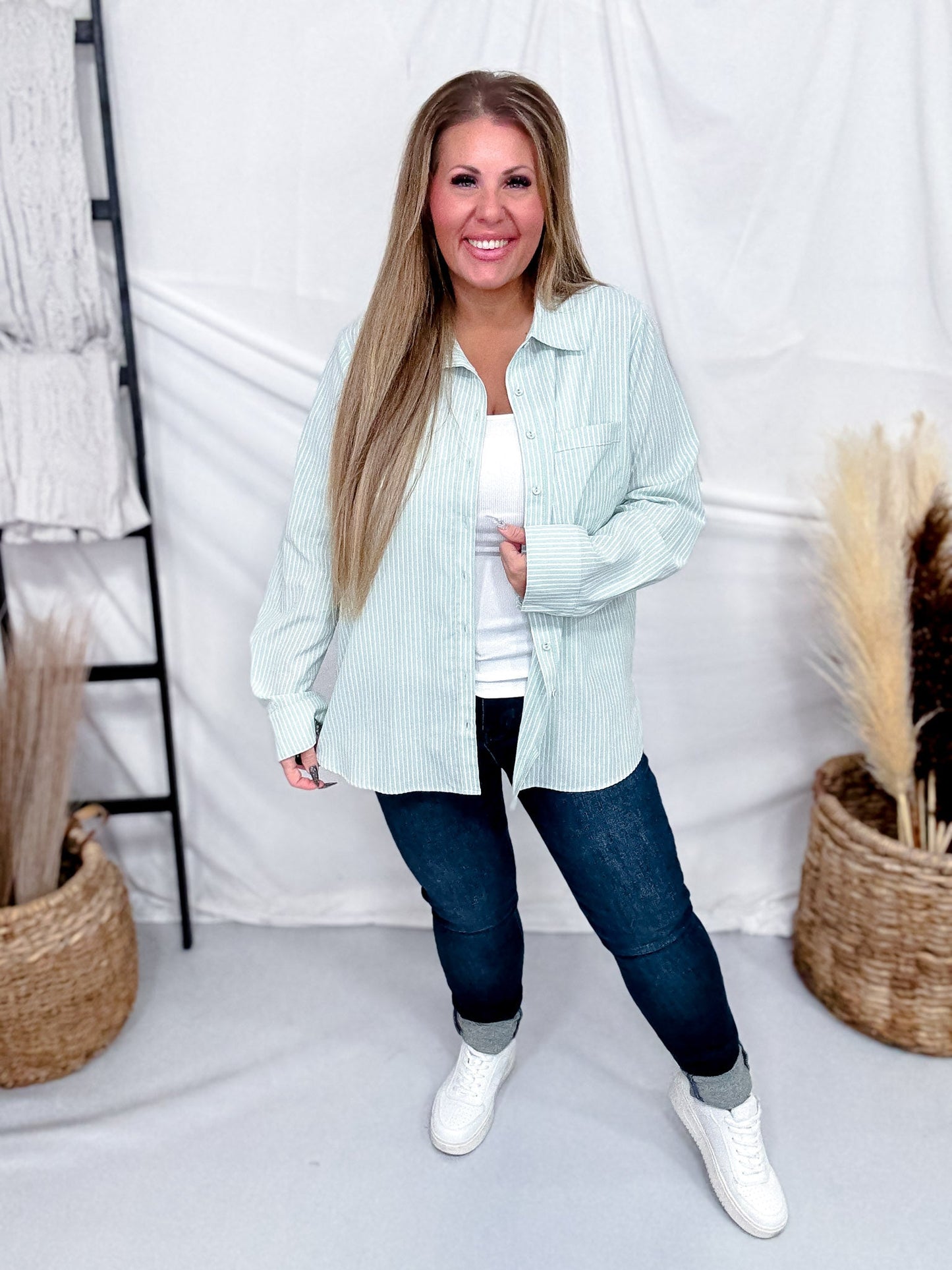 Green Striped Long Sleeve Button Down Shirt - Whiskey Skies - ODDI