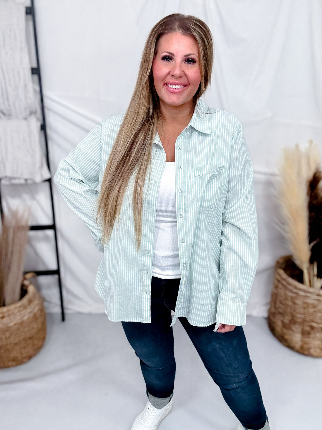 Green Striped Long Sleeve Button Down Shirt - Whiskey Skies - ODDI