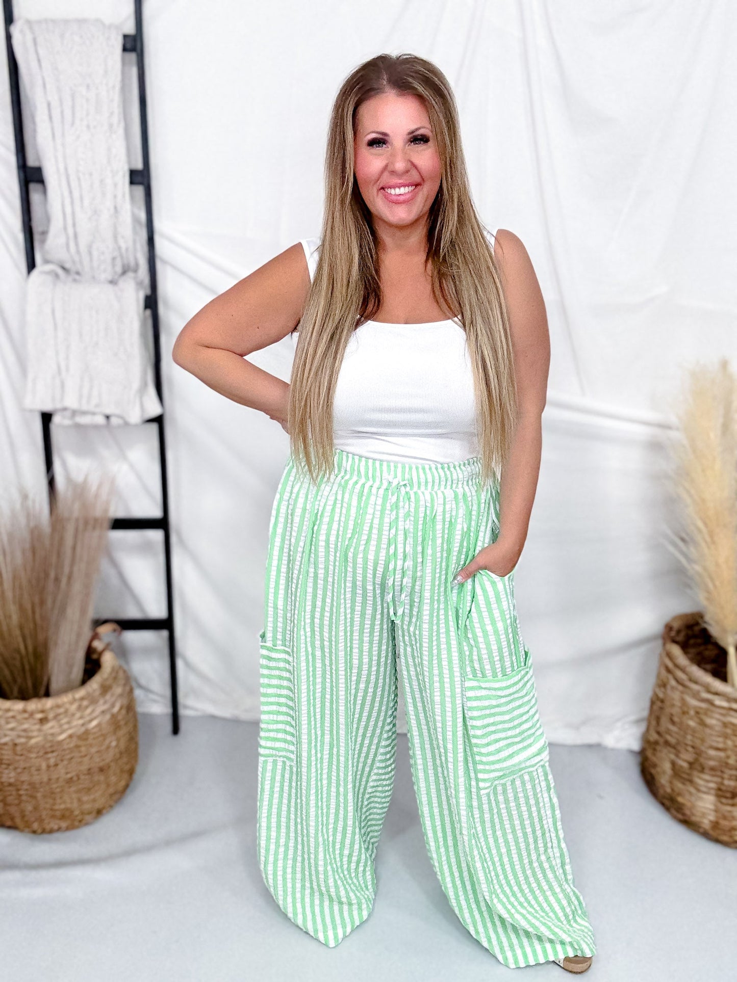 Green & White Striped Wide Leg Lounge Pants - Whiskey Skies - ODDI