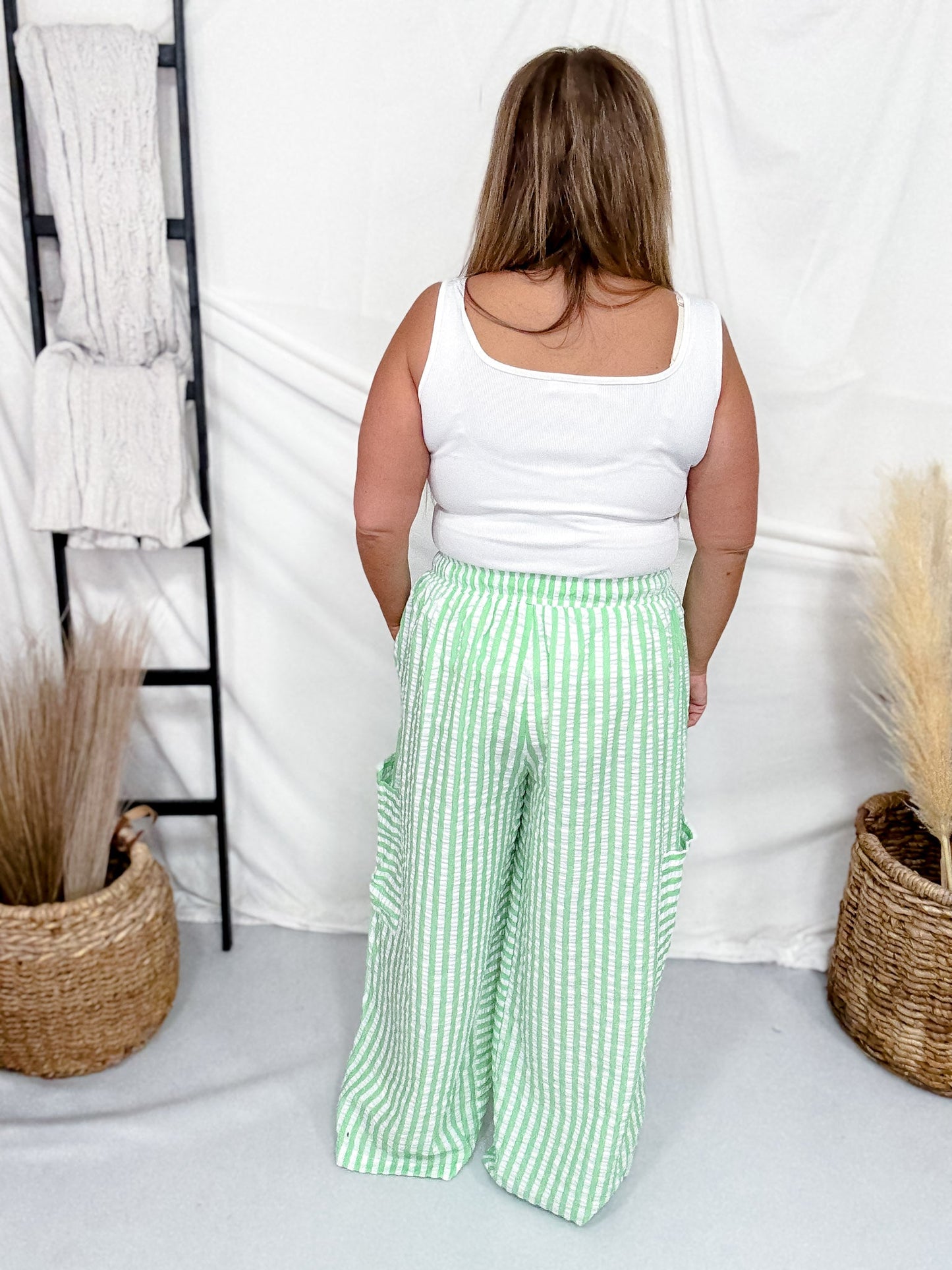 Green & White Striped Wide Leg Lounge Pants - Whiskey Skies - ODDI