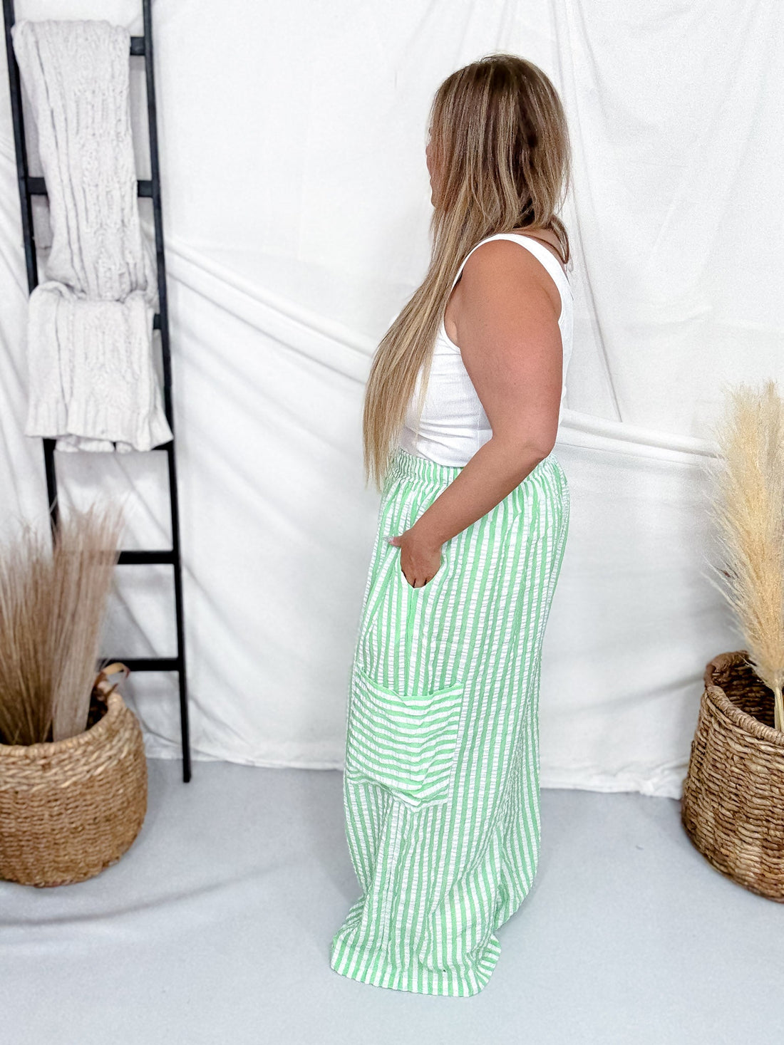Green & White Striped Wide Leg Lounge Pants - Whiskey Skies - ODDI