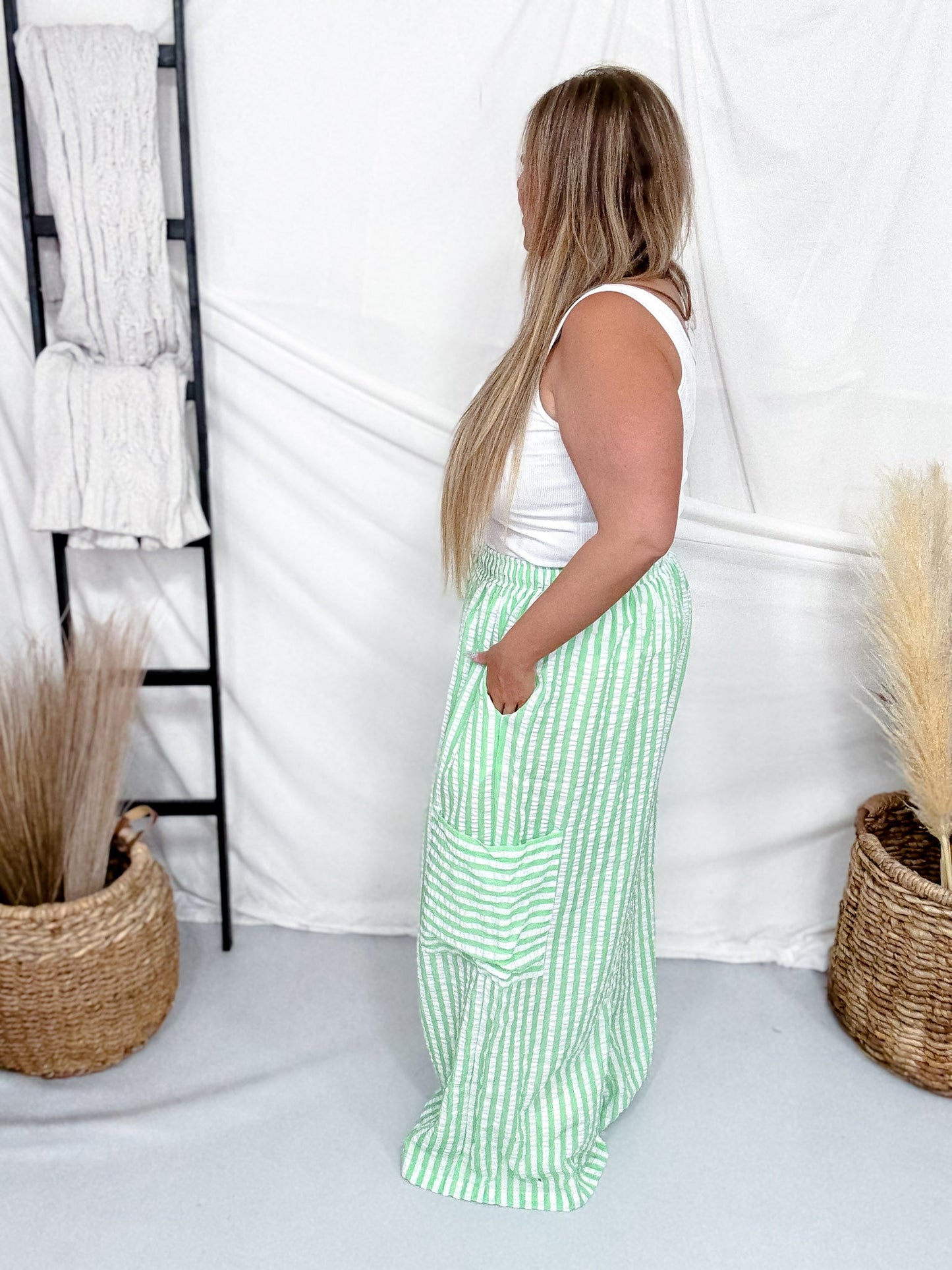 Green & White Striped Wide Leg Lounge Pants - Whiskey Skies - ODDI