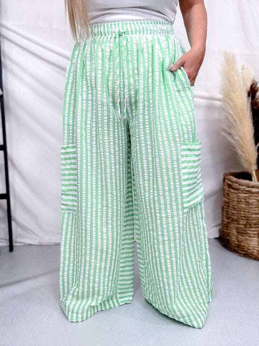 Green & White Striped Wide Leg Lounge Pants - Whiskey Skies - ODDI