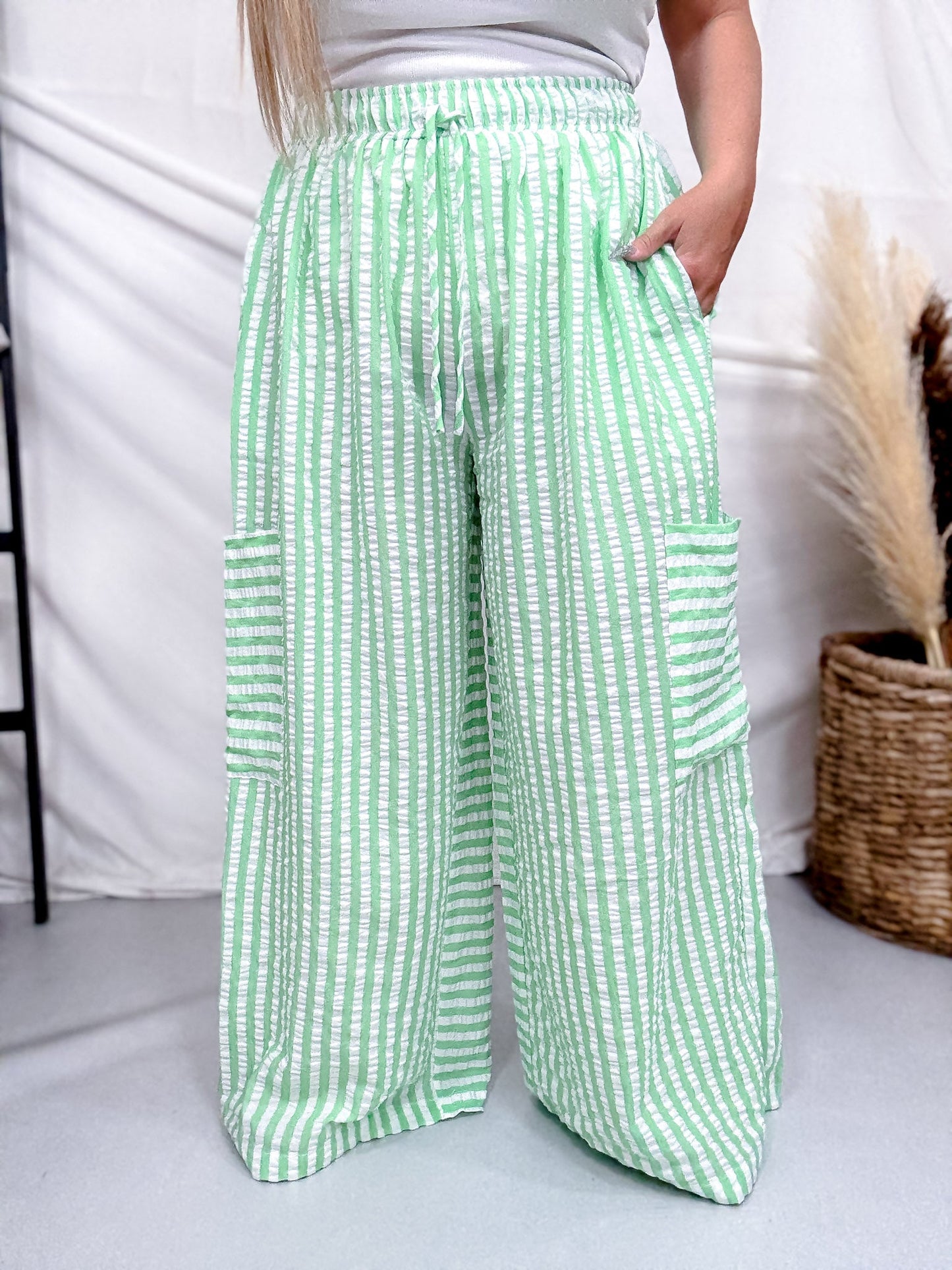 Green & White Striped Wide Leg Lounge Pants - Whiskey Skies - ODDI
