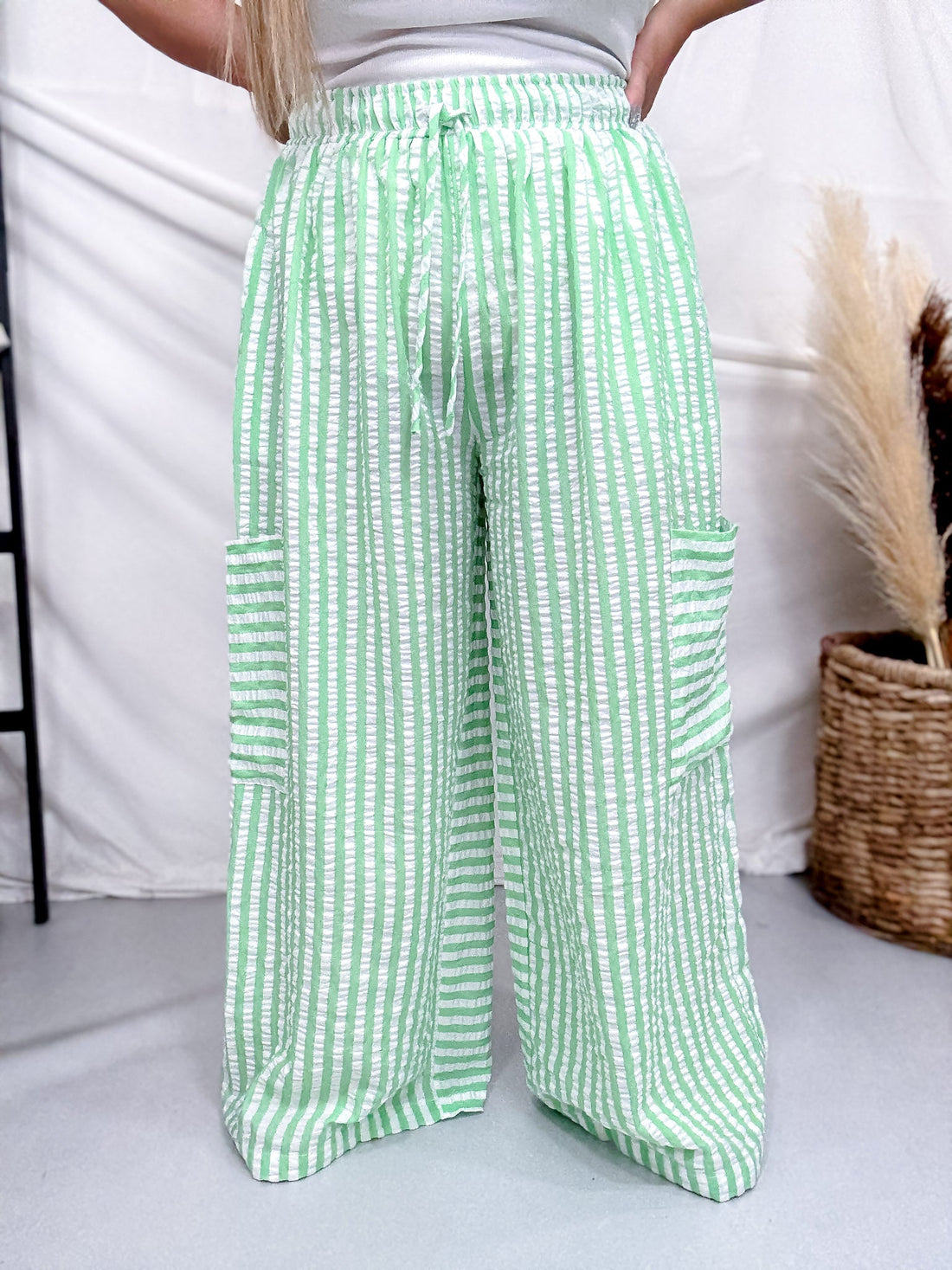 Green & White Striped Wide Leg Lounge Pants - Whiskey Skies - ODDI