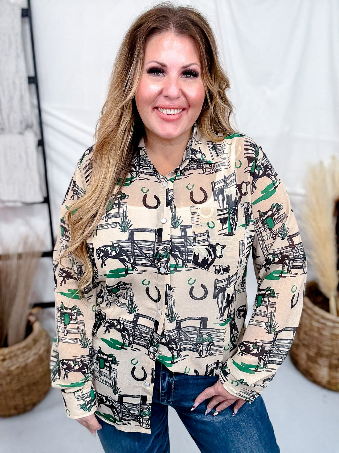 Greener Pastures Long Sleeve Button Down Western Top - Whiskey Skies - 2 FLY CO.