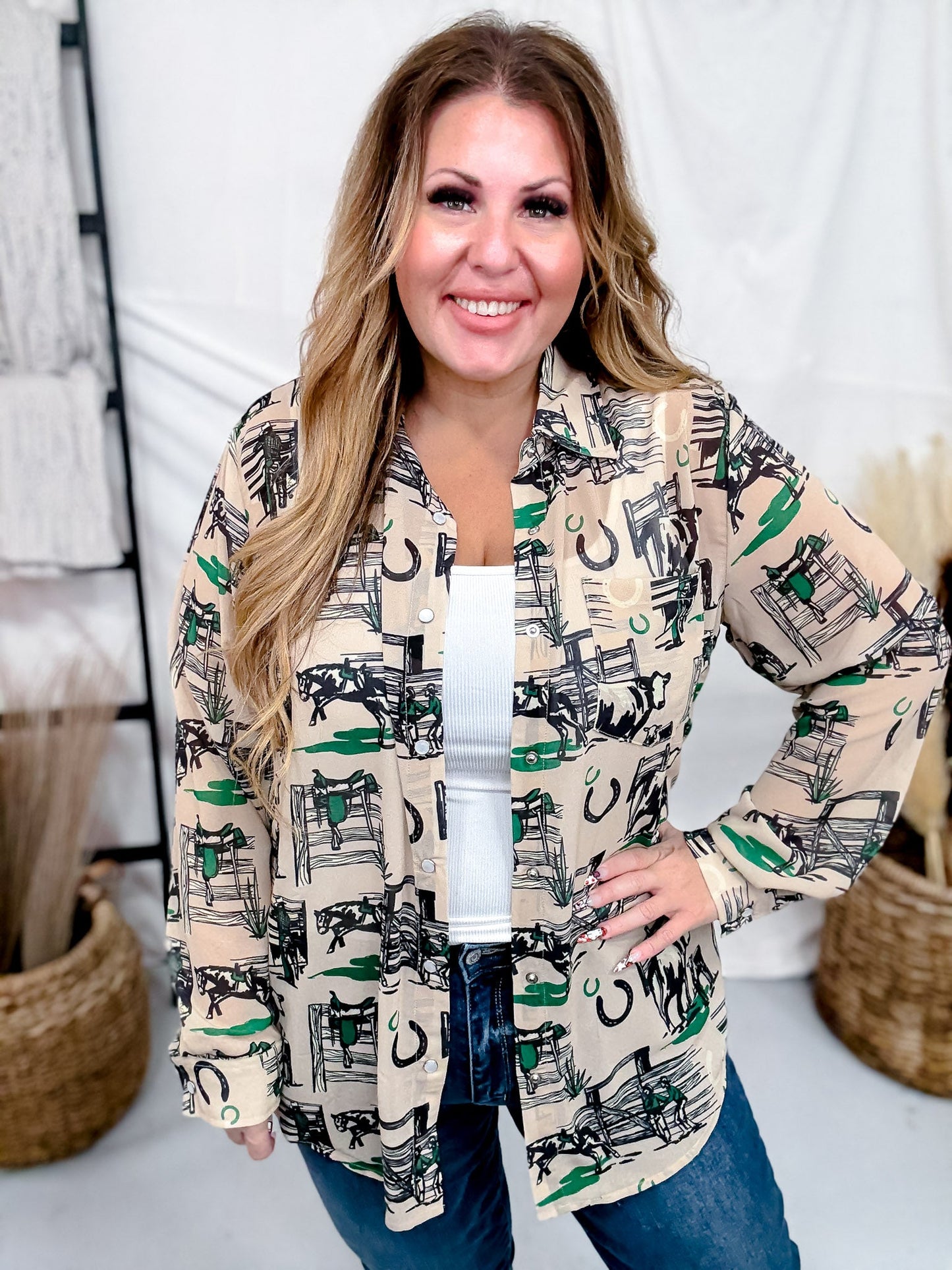 Greener Pastures Long Sleeve Button Down Western Top - Whiskey Skies - 2 FLY CO.