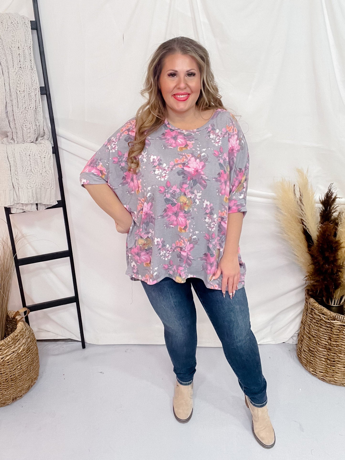 Grey Dolman Sleeve Top with Pink Floral Pattern - Whiskey Skies - DEAR SCARLETT