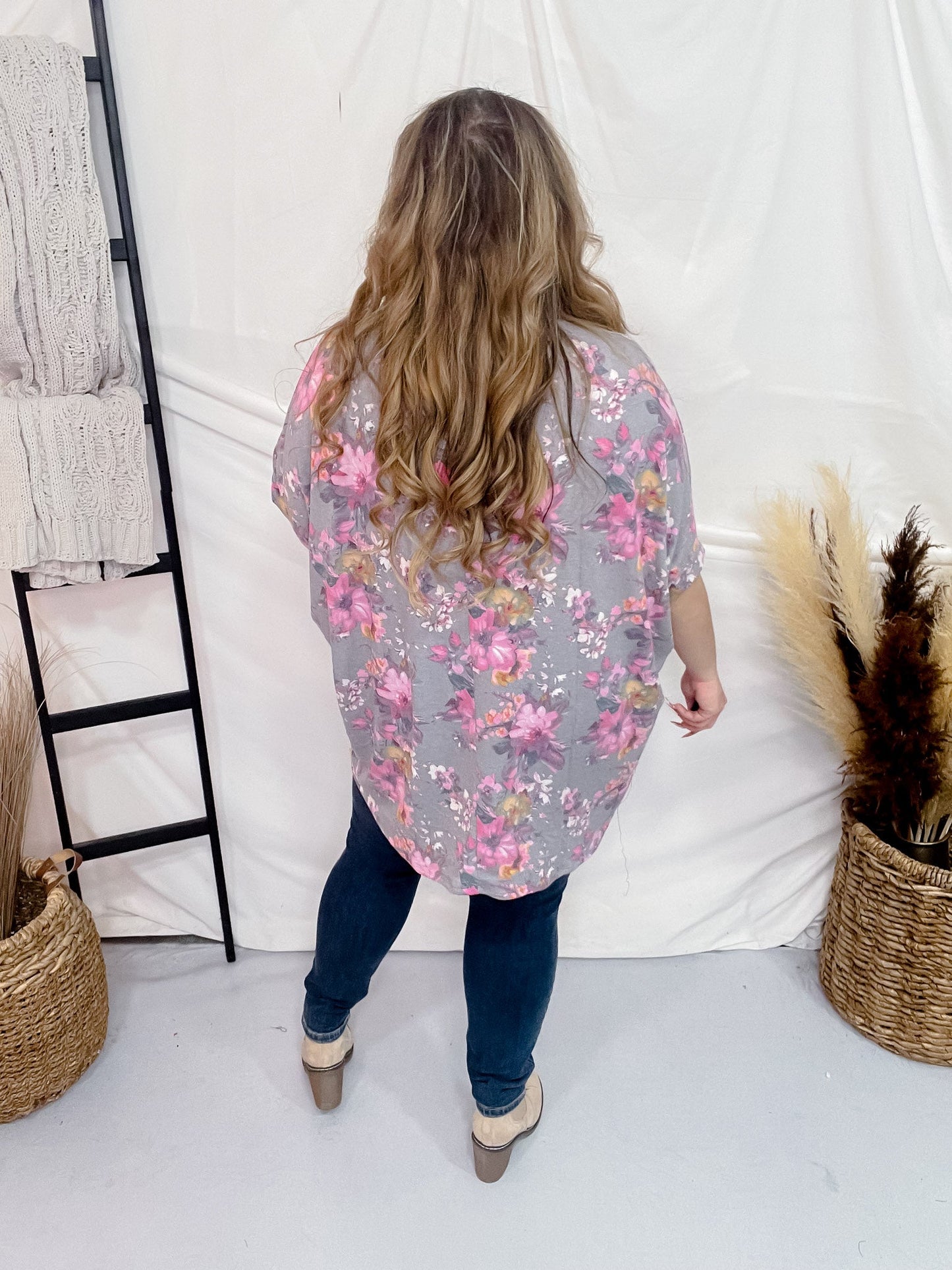 Grey Dolman Sleeve Top with Pink Floral Pattern - Whiskey Skies - DEAR SCARLETT