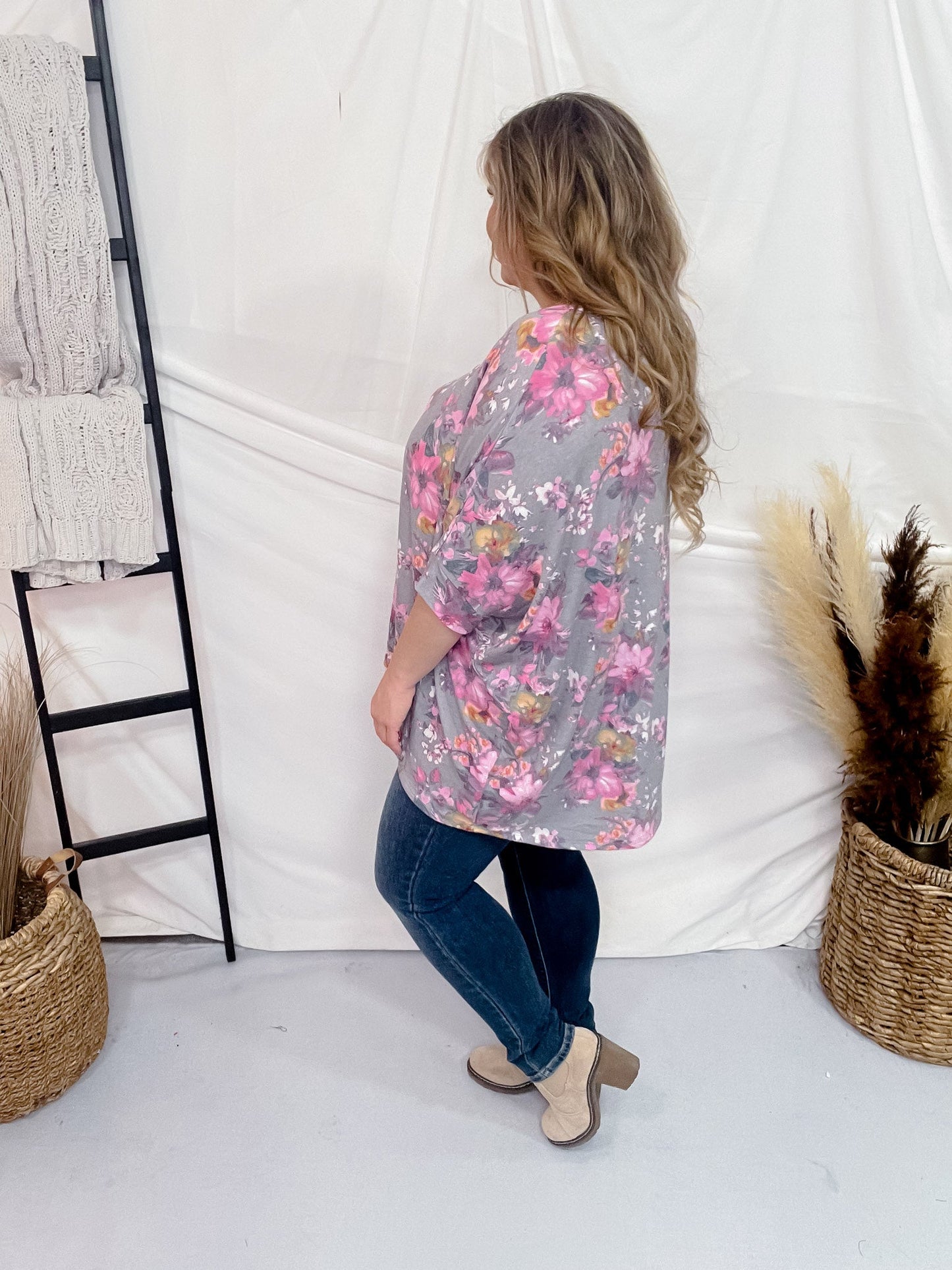 Grey Dolman Sleeve Top with Pink Floral Pattern - Whiskey Skies - DEAR SCARLETT