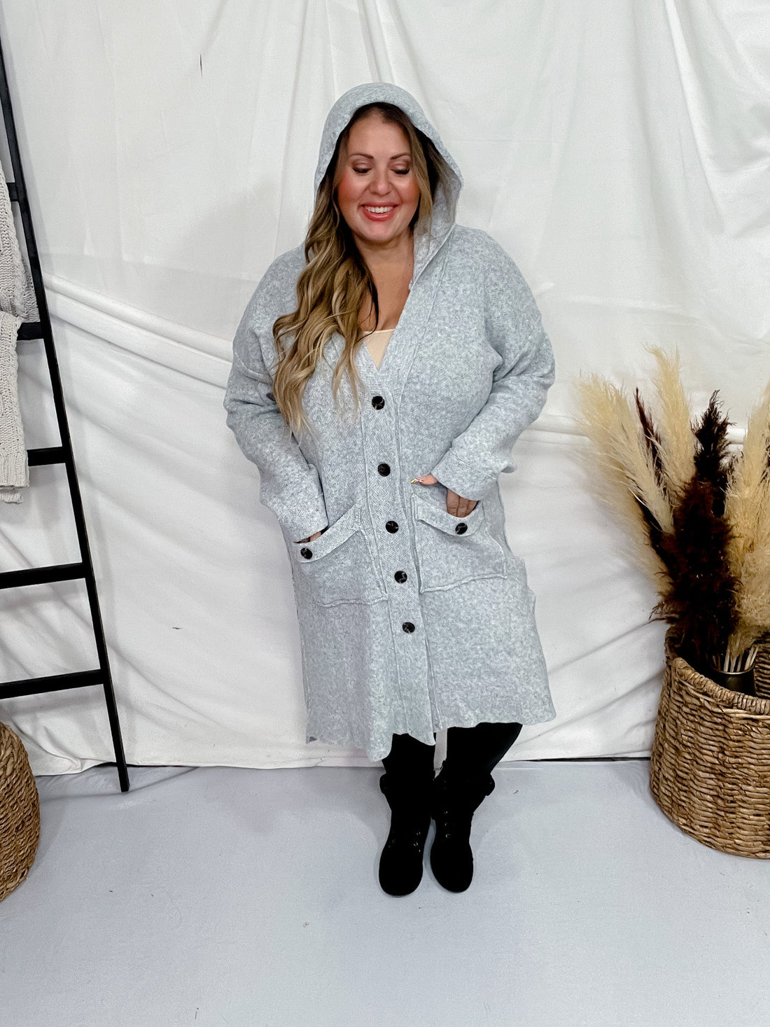 Grey Hooded Cardigan with Side Slit - Whiskey Skies - DAVI & DANI