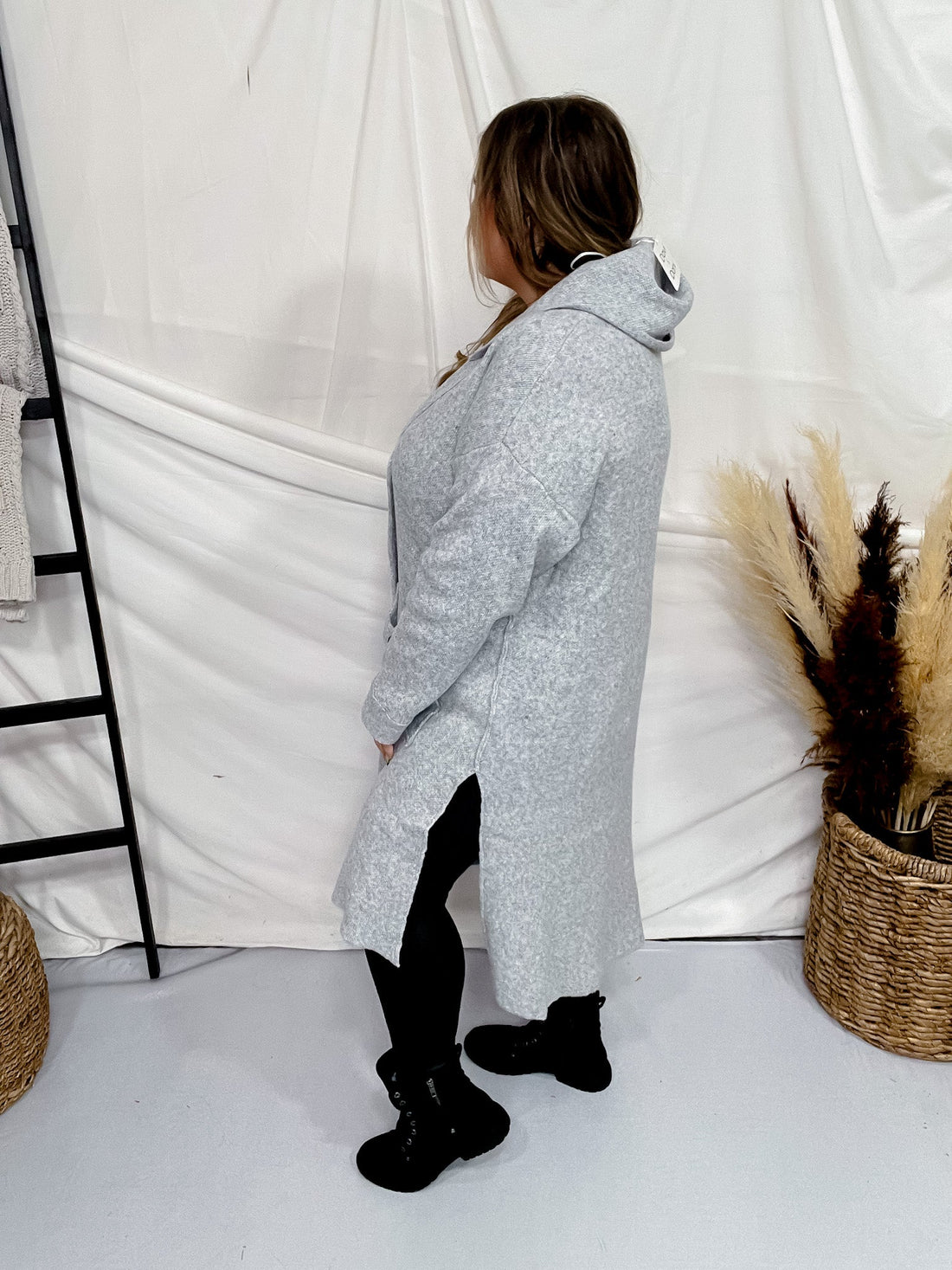 Grey Hooded Cardigan with Side Slit - Whiskey Skies - DAVI & DANI