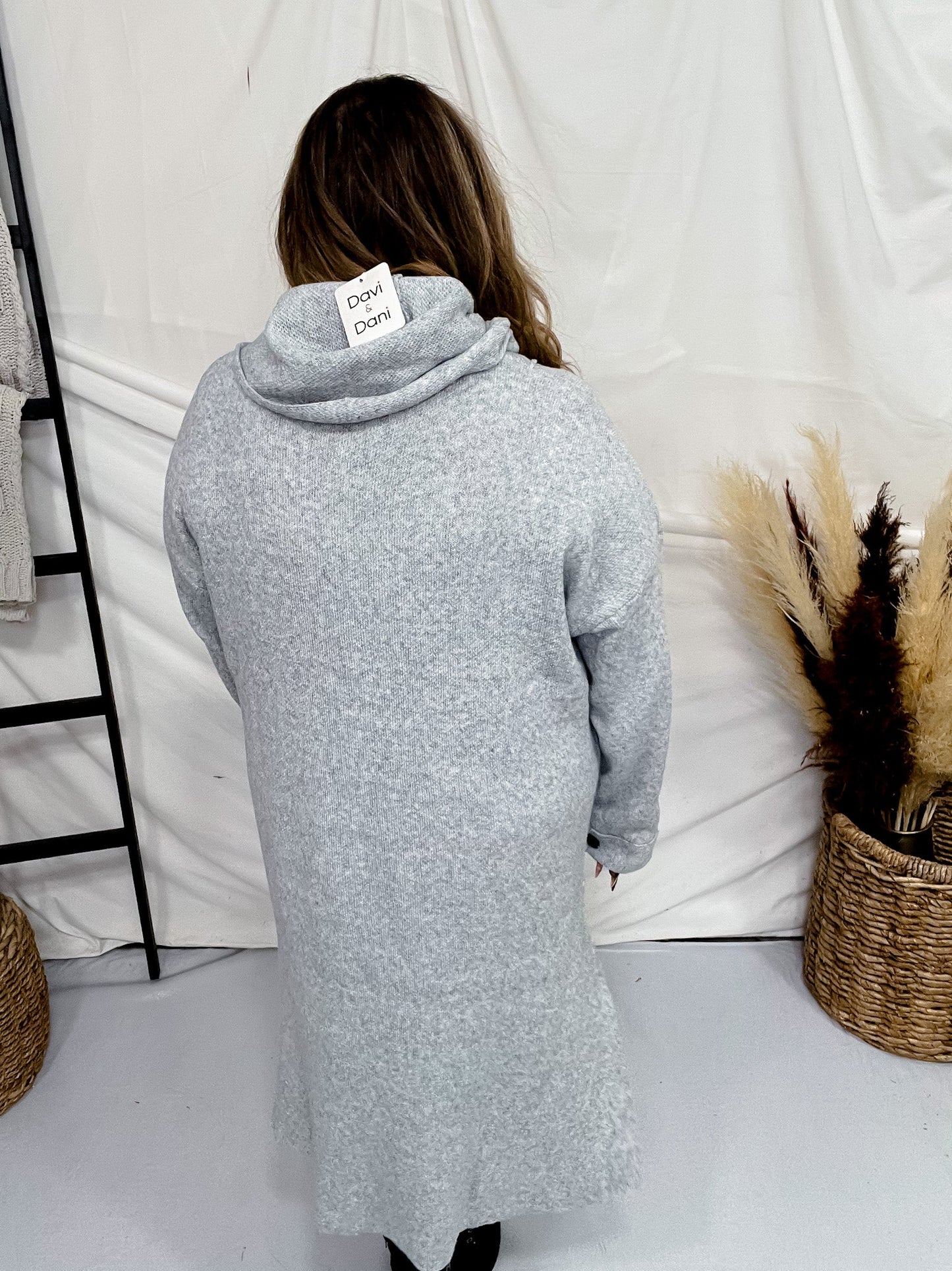 Grey Hooded Cardigan with Side Slit - Whiskey Skies - DAVI & DANI